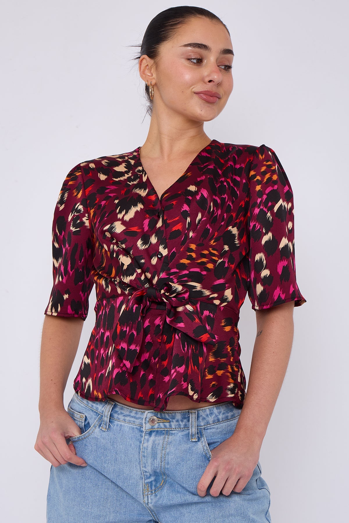8Pcs Deep Fuchsia Leopard Print Knotted Satin Top