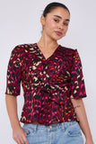 8Pcs Deep Fuchsia Leopard Print Knotted Satin Top