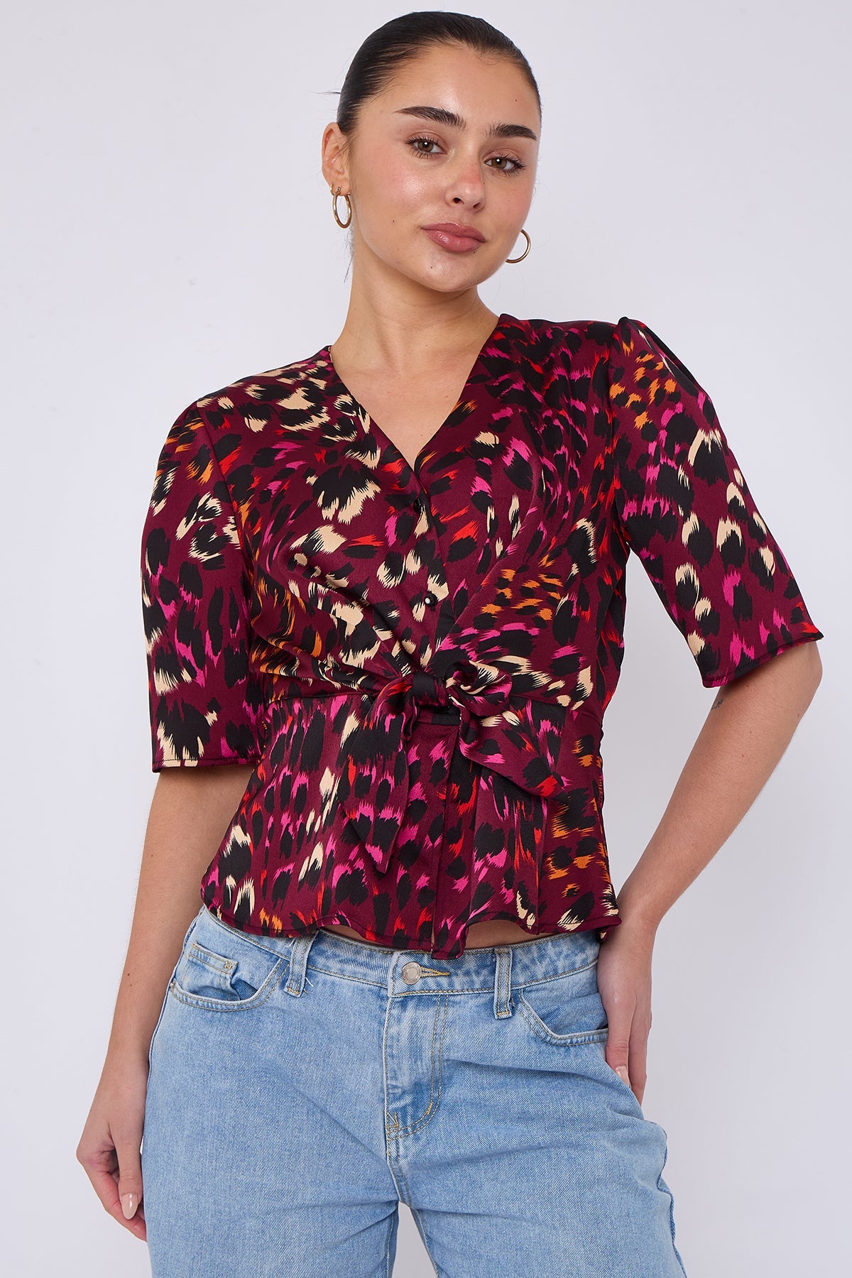 8Pcs Deep Fuchsia Leopard Print Knotted Satin Top