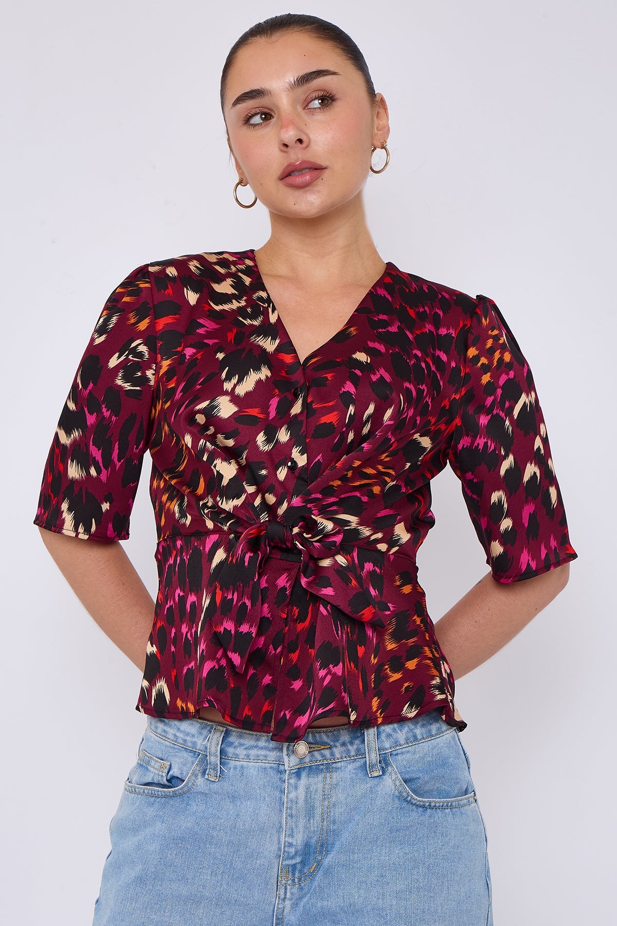 8Pcs Deep Fuchsia Leopard Print Knotted Satin Top