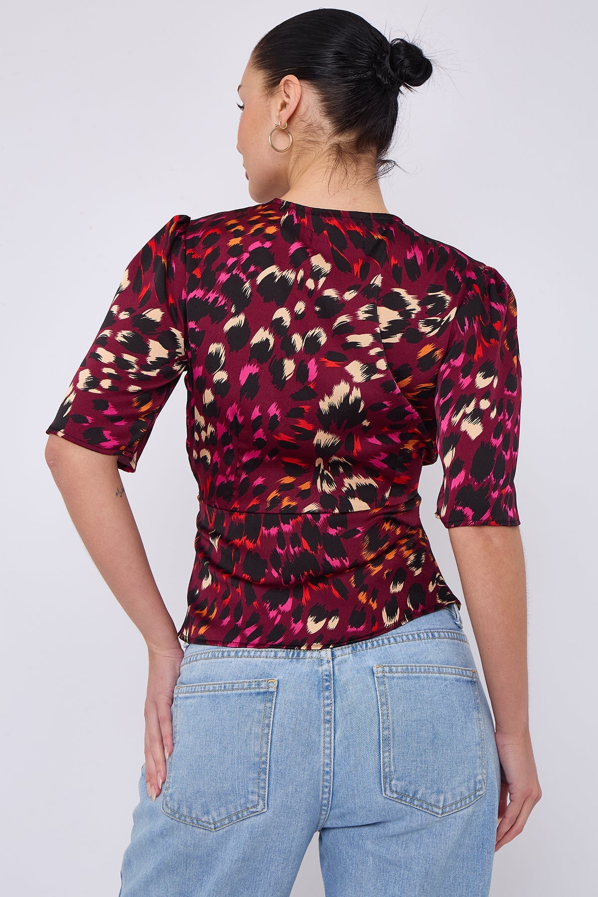 8Pcs Deep Fuchsia Leopard Print Knotted Satin Top