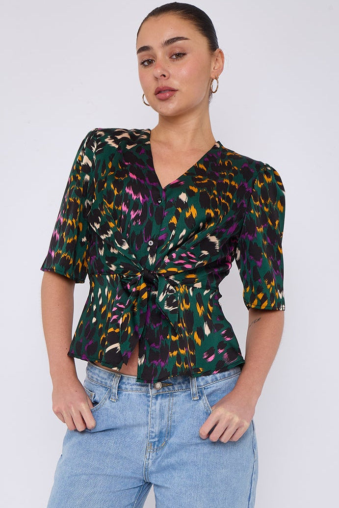 8Pcs Emerald Leopard Print Knotted Satin Top