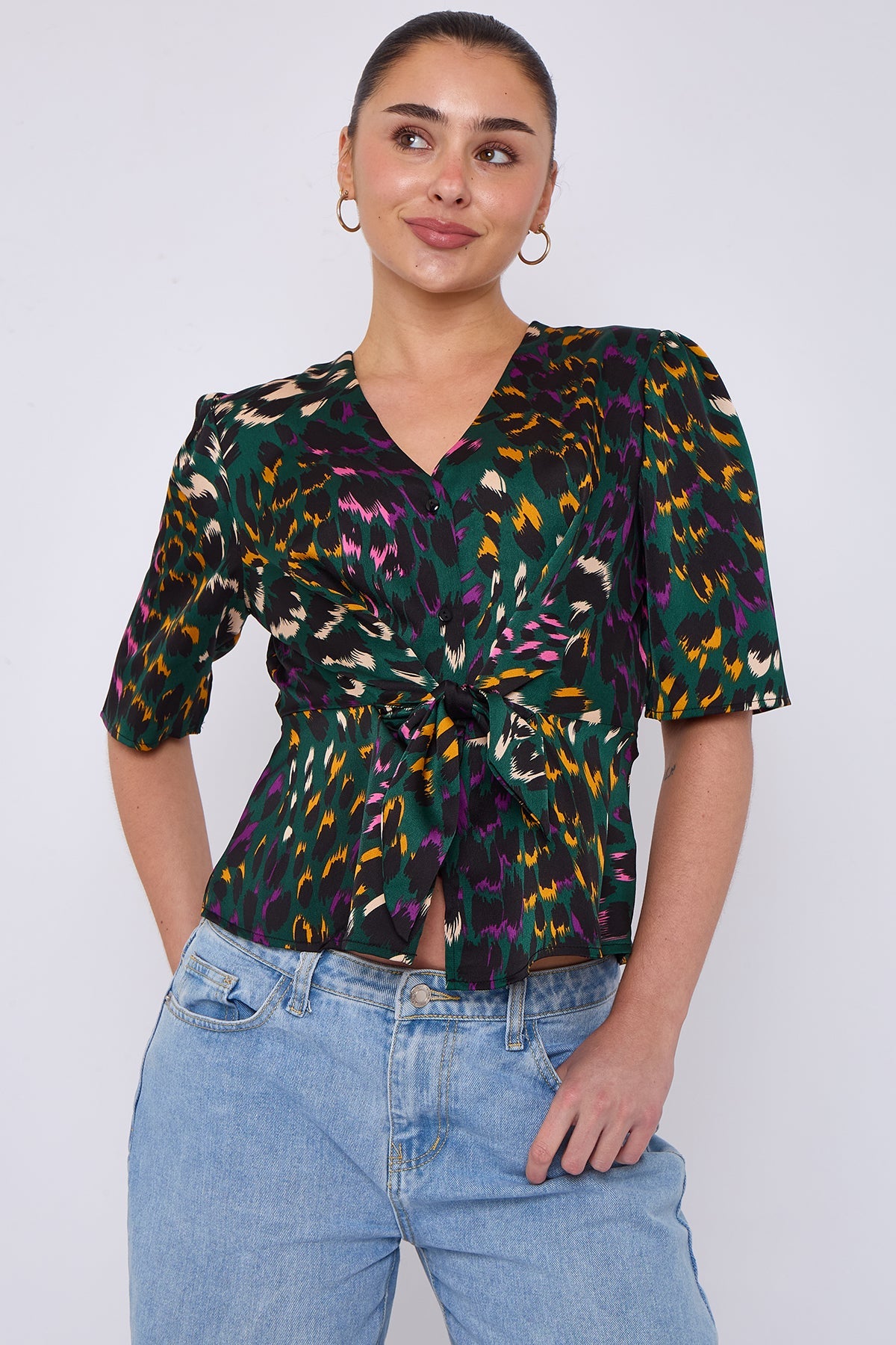 8Pcs Emerald Leopard Print Knotted Satin Top
