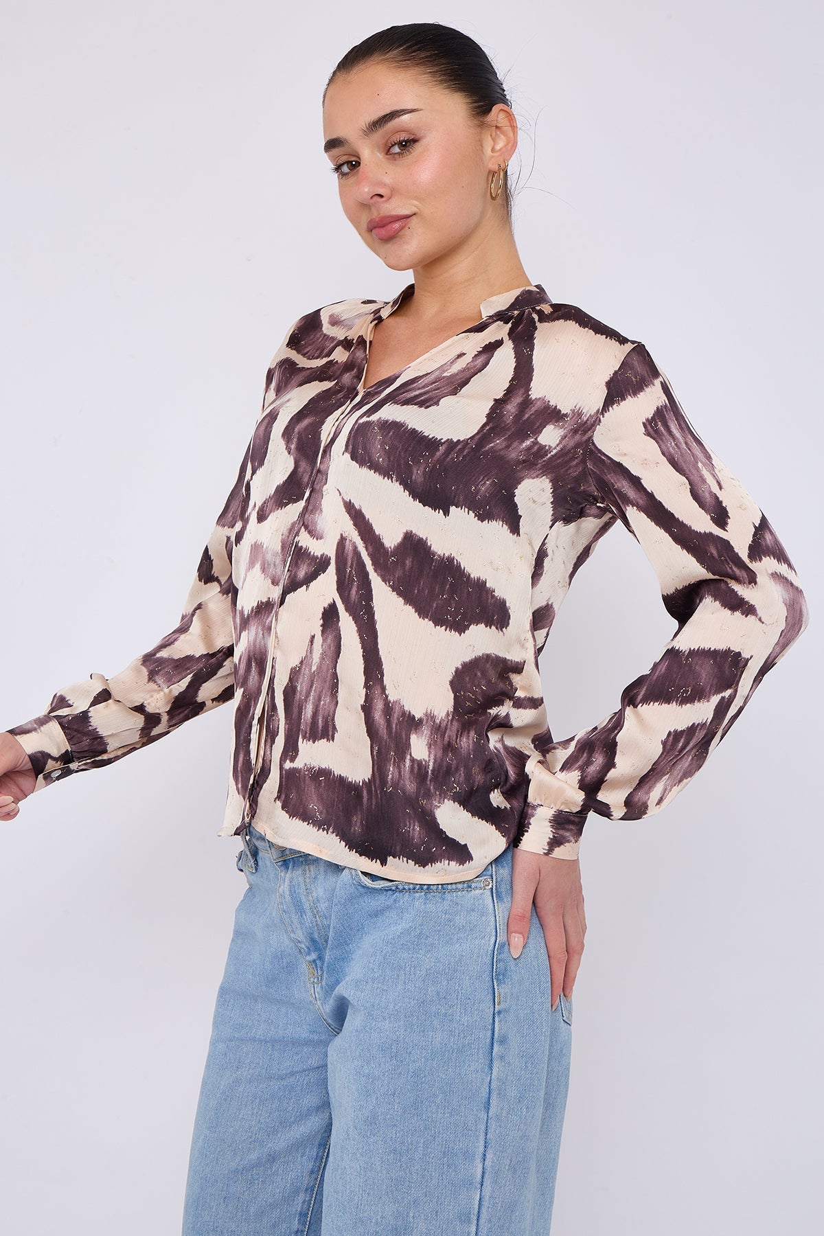 8Pcs Grey Abstract Print Gold Foil Dotted Blouse