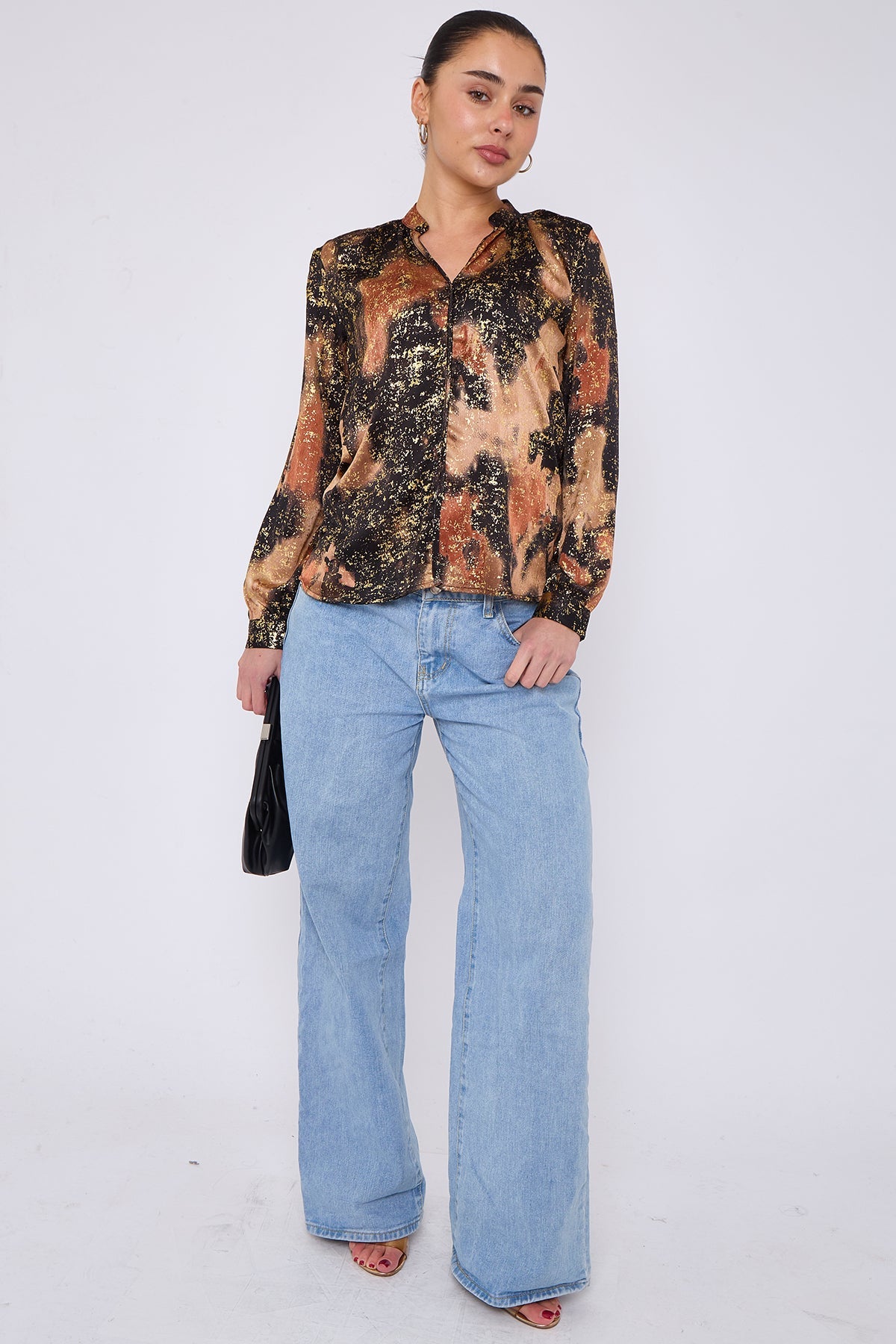 8Pcs Brown Abstract Print Gold Foil Splash Print Blouse