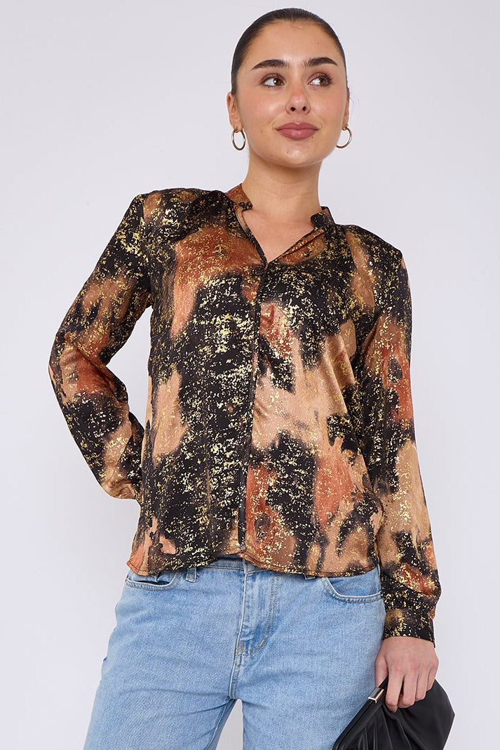 8Pcs Brown Abstract Print Gold Foil Splash Print Blouse