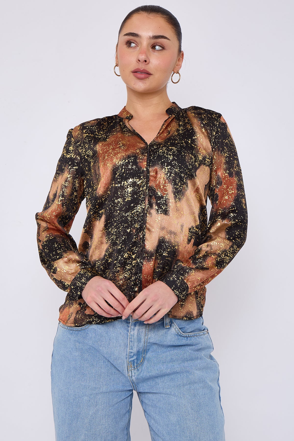 8Pcs Brown Abstract Print Gold Foil Splash Print Blouse