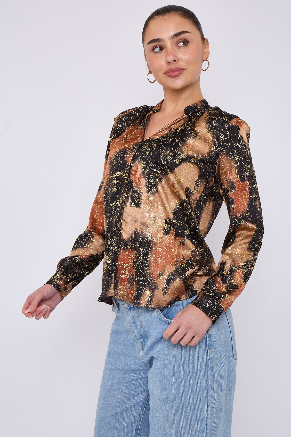 8Pcs Brown Abstract Print Gold Foil Splash Print Blouse