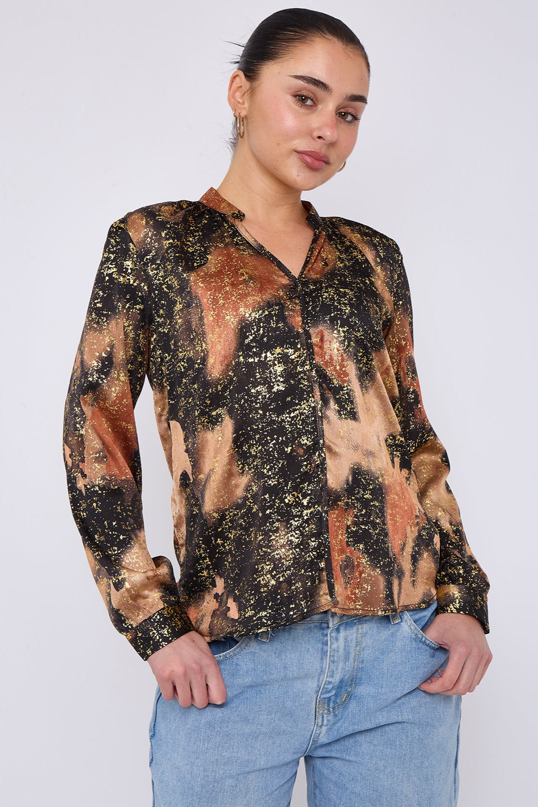 8Pcs Brown Abstract Print Gold Foil Splash Print Blouse