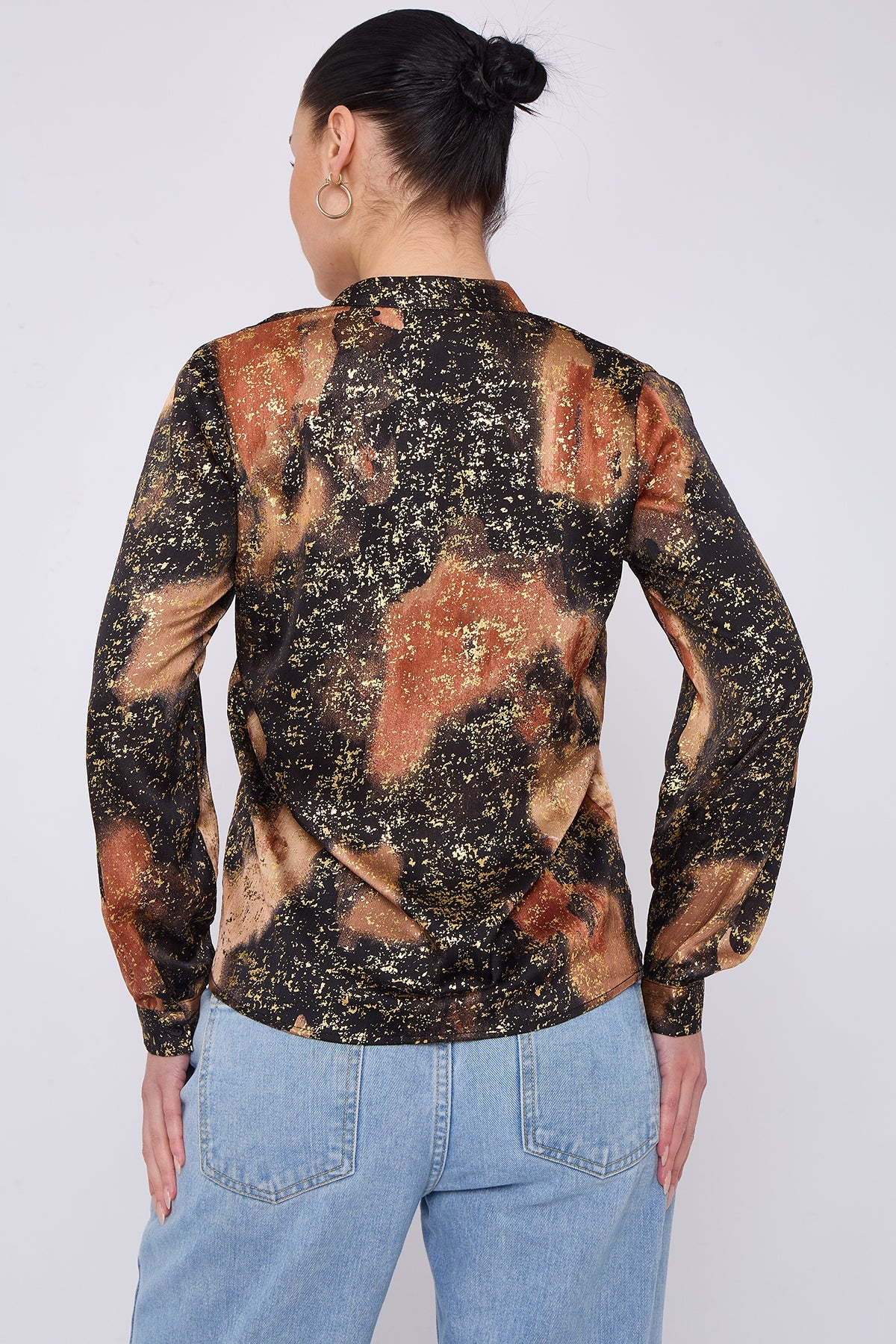 8Pcs Brown Abstract Print Gold Foil Splash Print Blouse