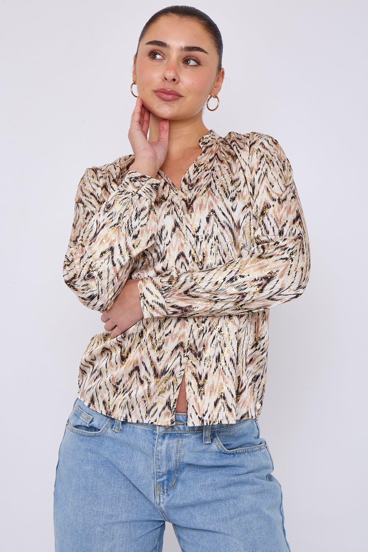 8Pcs White Aztec Print Gold Foil Dotted Blouse