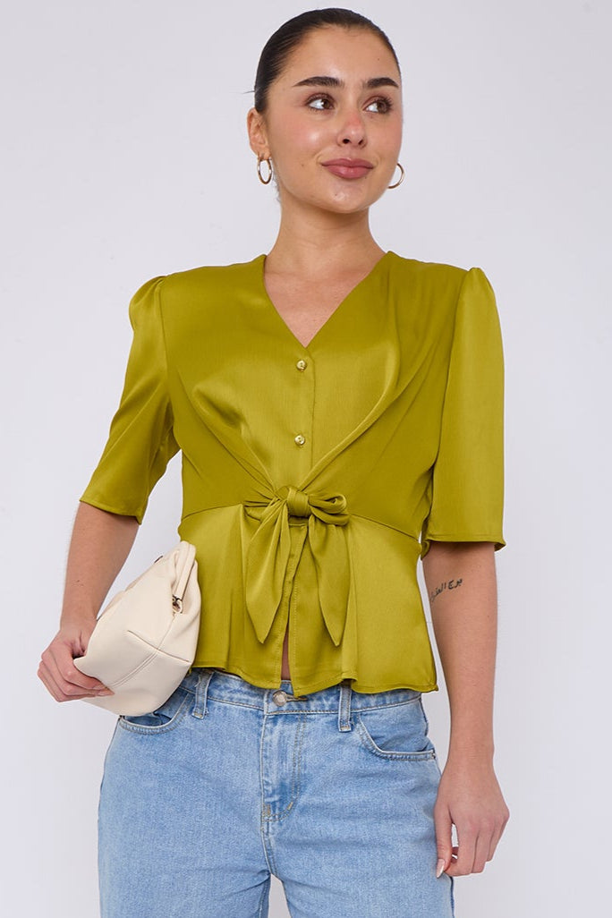 8Pcs Lime Green Short Sleeve Knotted Crepe Satin Top
