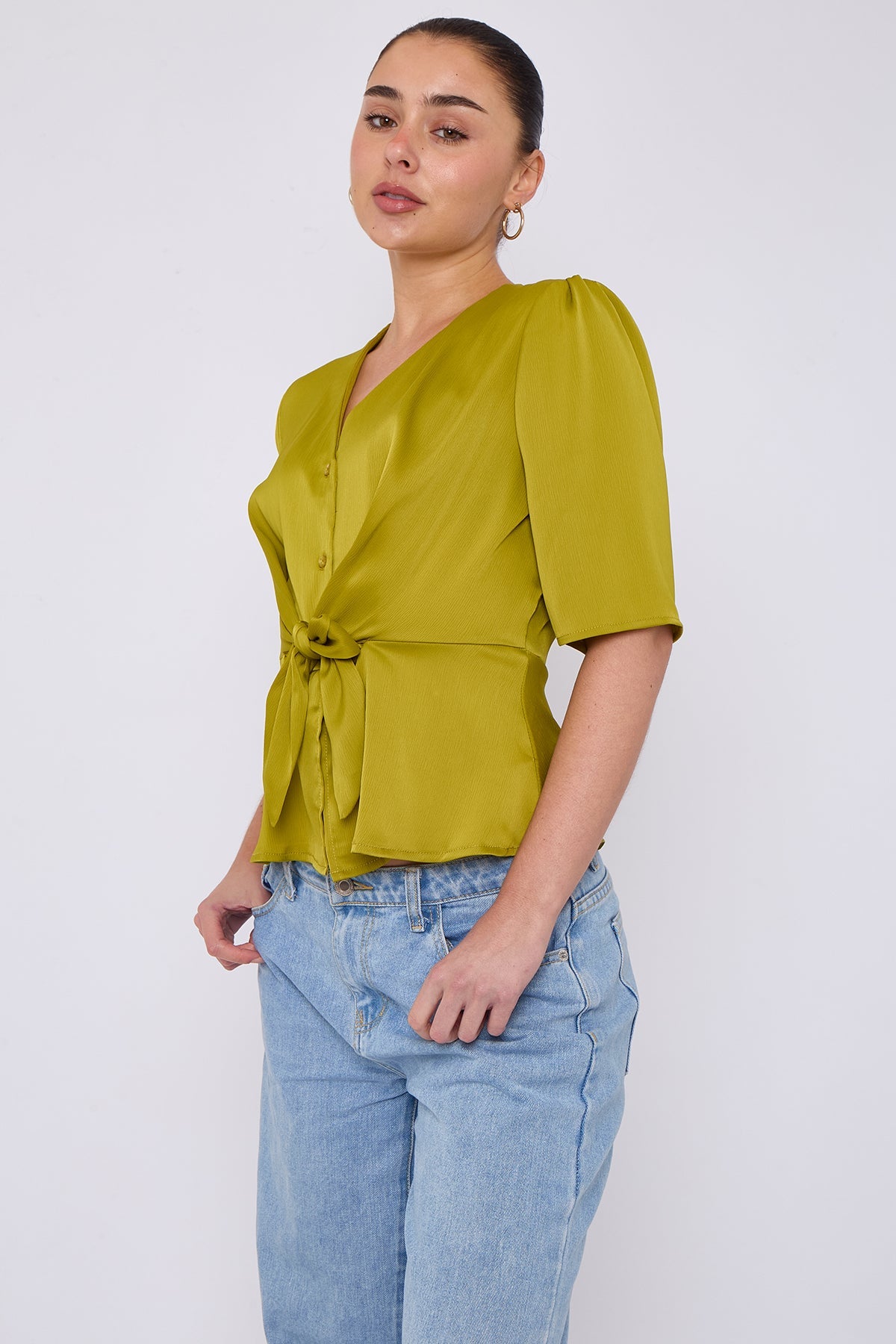 8Pcs Lime Green Short Sleeve Knotted Crepe Satin Top