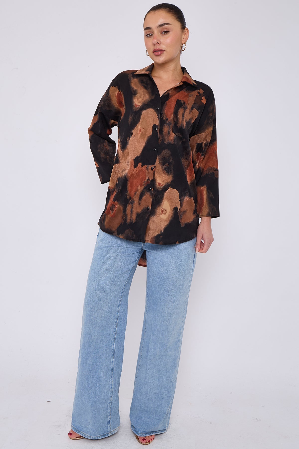 8Pcs Rust and Black Brushstroke Print Oversized Shirt