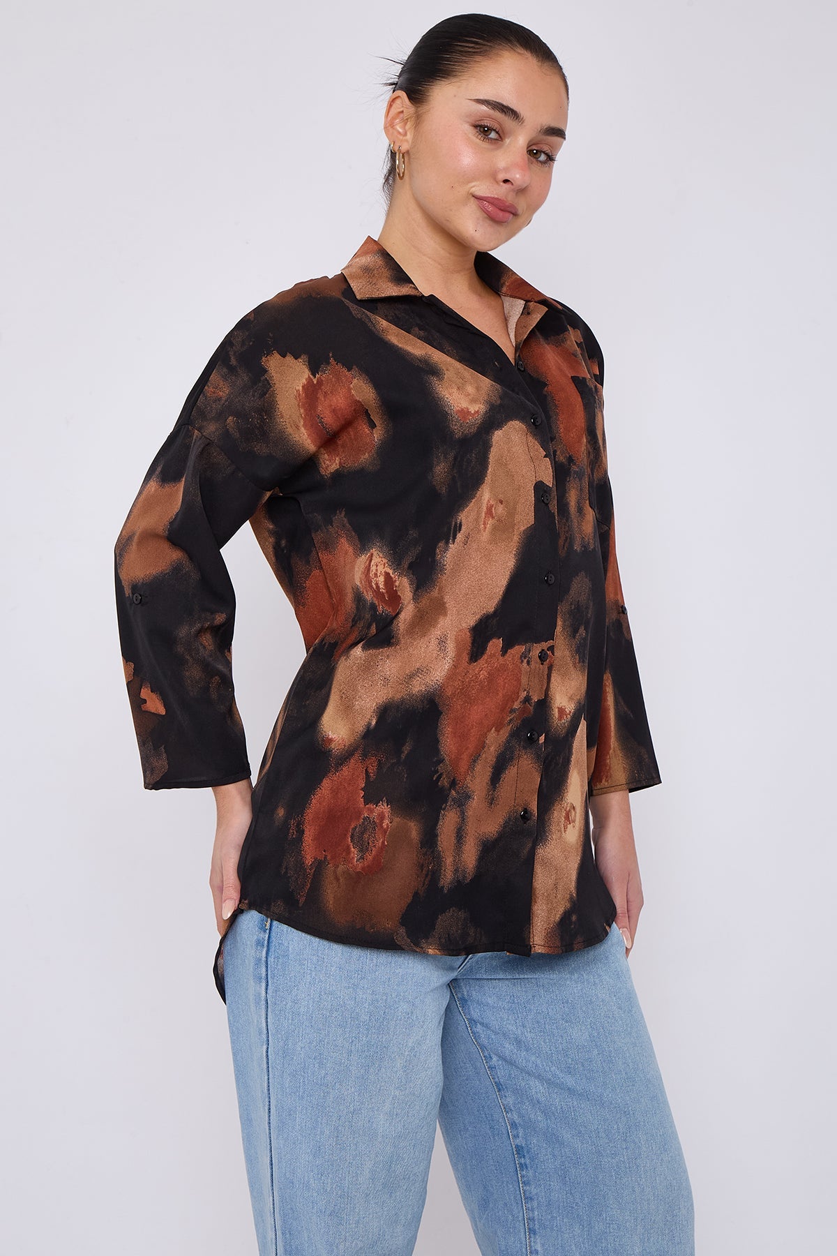 8Pcs Rust and Black Brushstroke Print Oversized Shirt