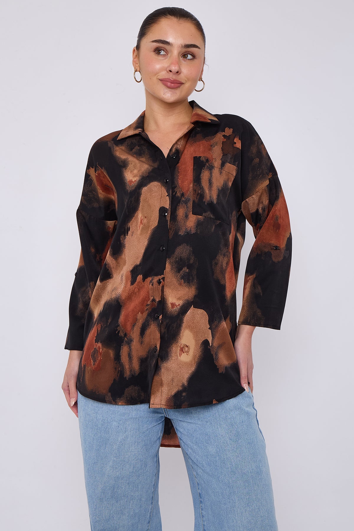 8Pcs Rust and Black Brushstroke Print Oversized Shirt