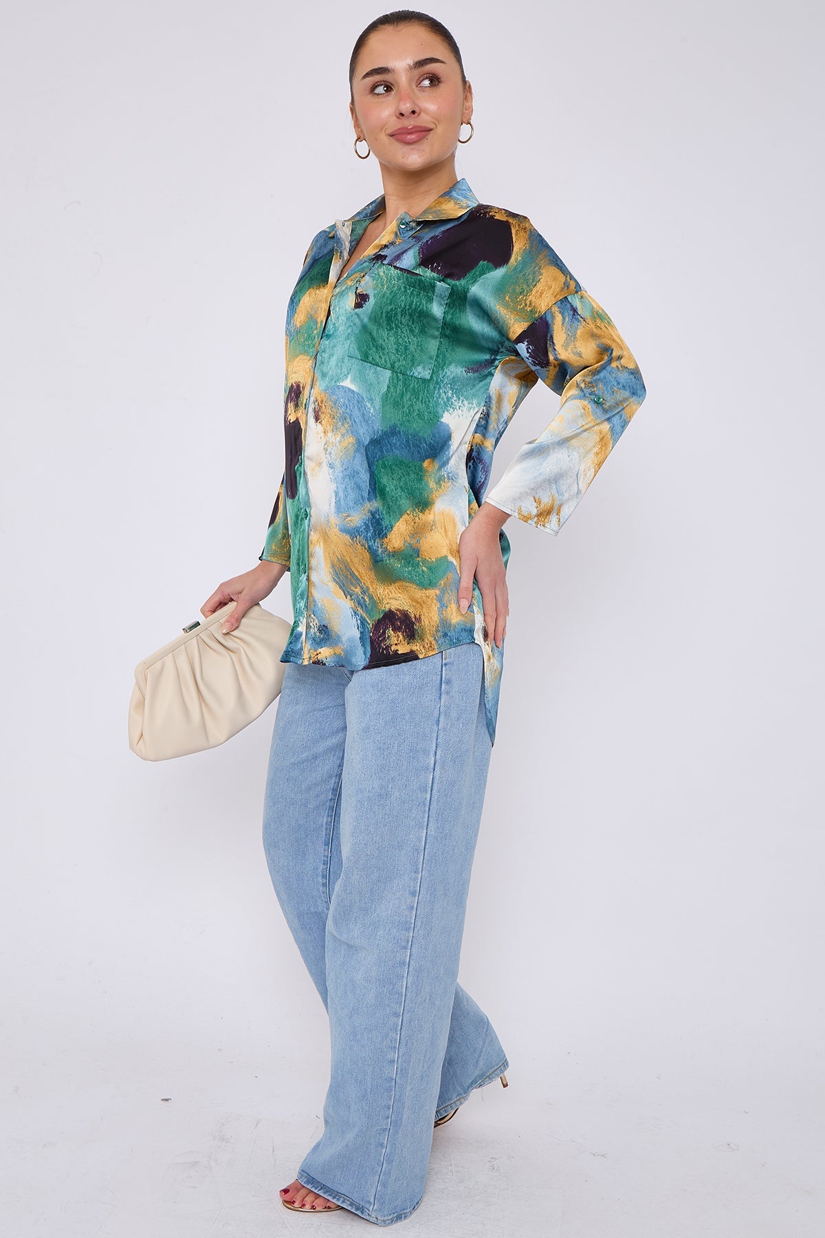 8Pcs Emerald and Mustard Watercolour Print Satin Shirt