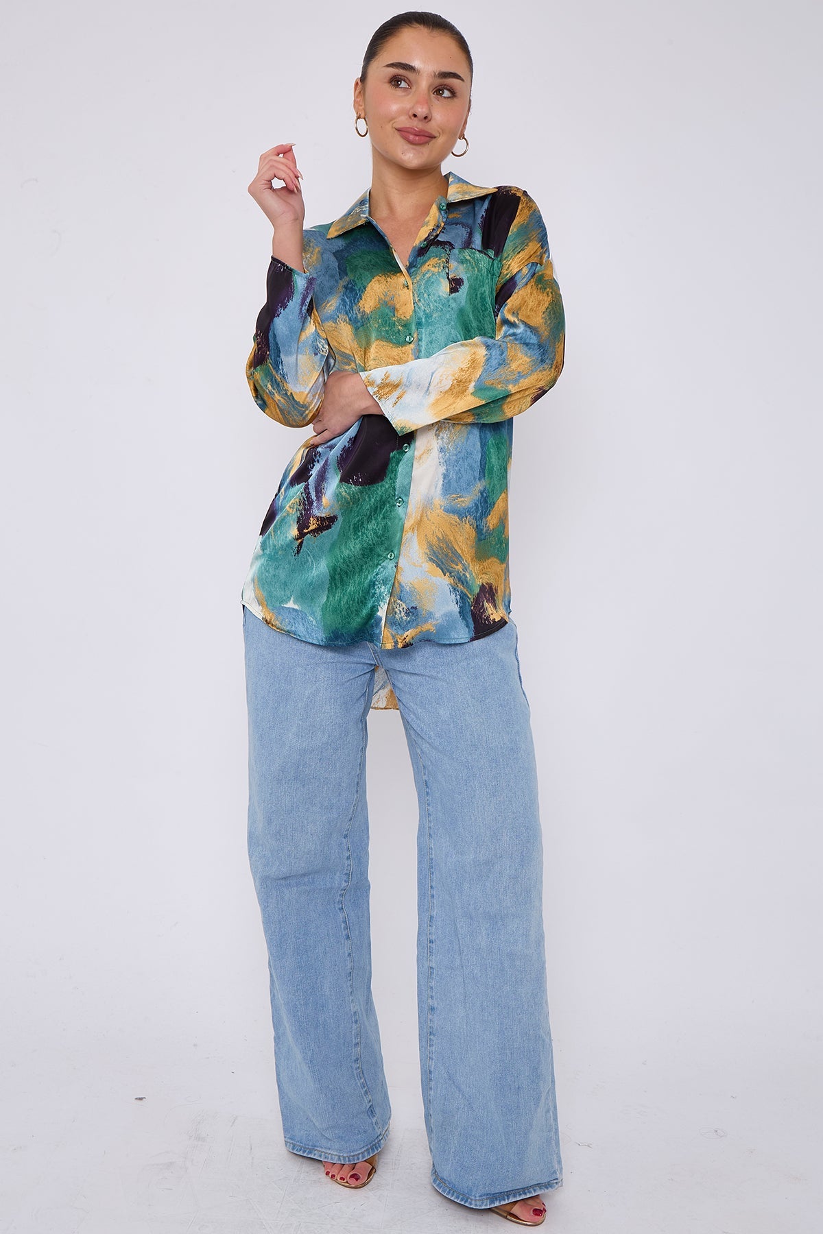 8Pcs Emerald and Mustard Watercolour Print Satin Shirt
