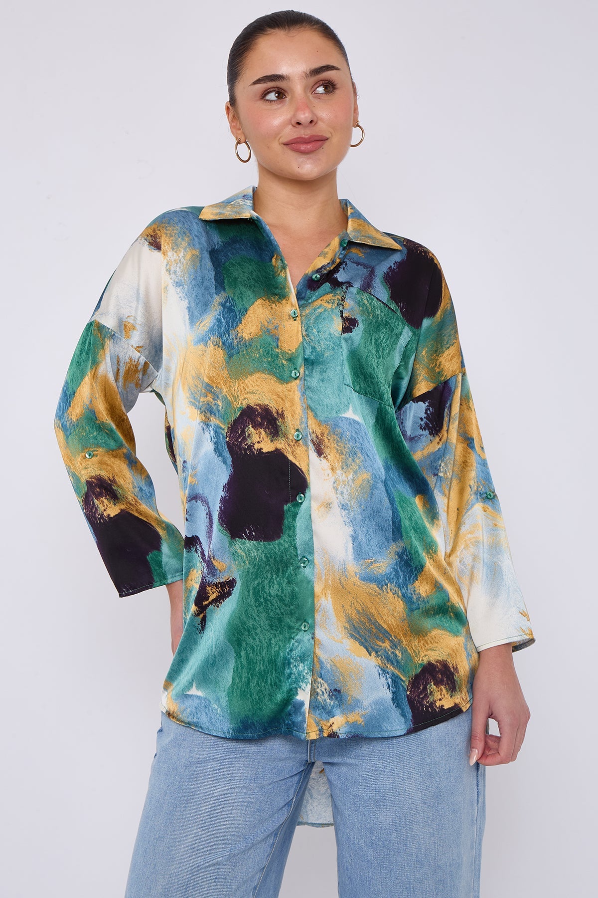 8Pcs Emerald and Mustard Watercolour Print Satin Shirt