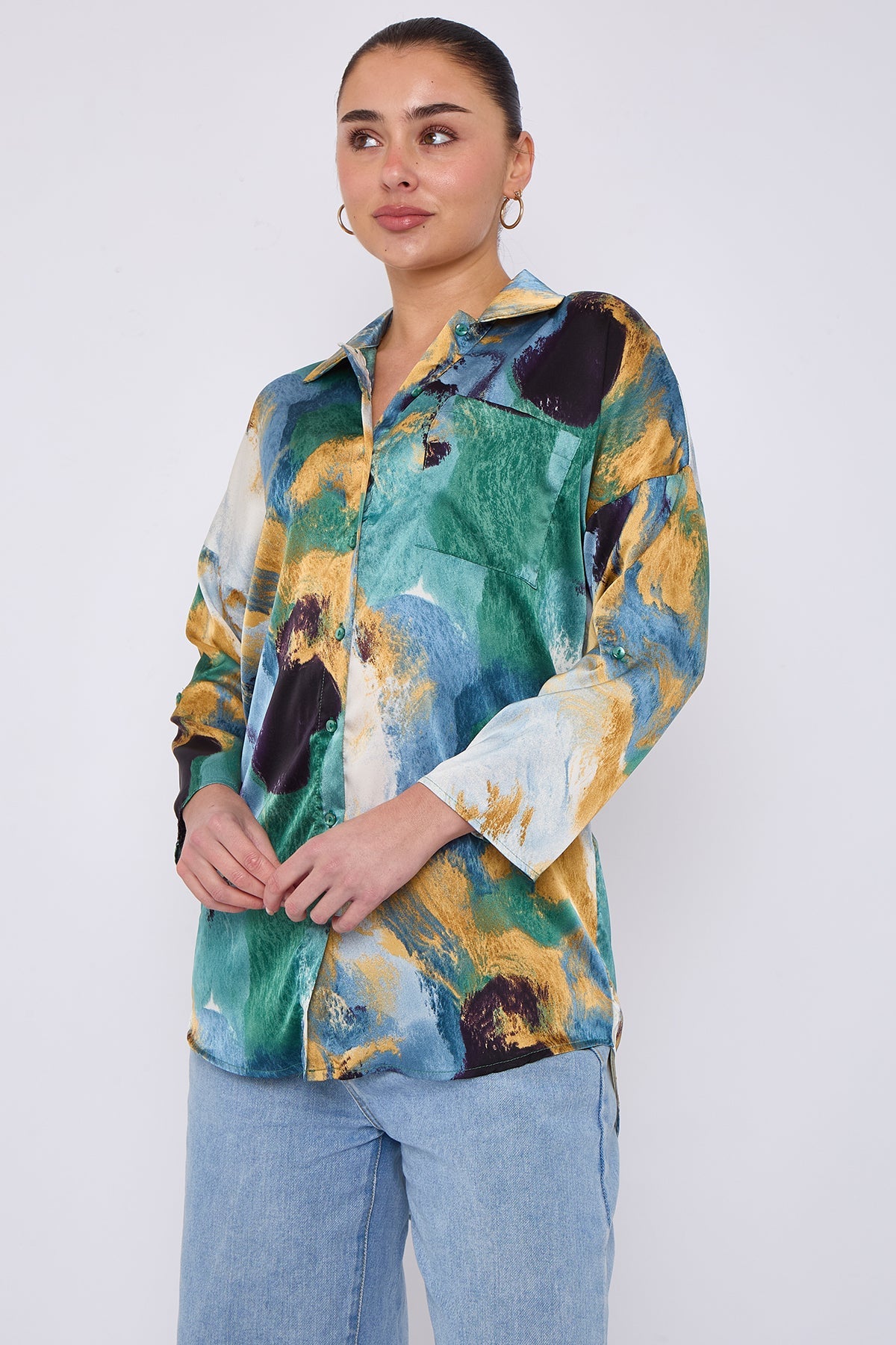 8Pcs Emerald and Mustard Watercolour Print Satin Shirt