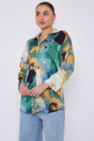 8Pcs Emerald and Mustard Watercolour Print Satin Shirt