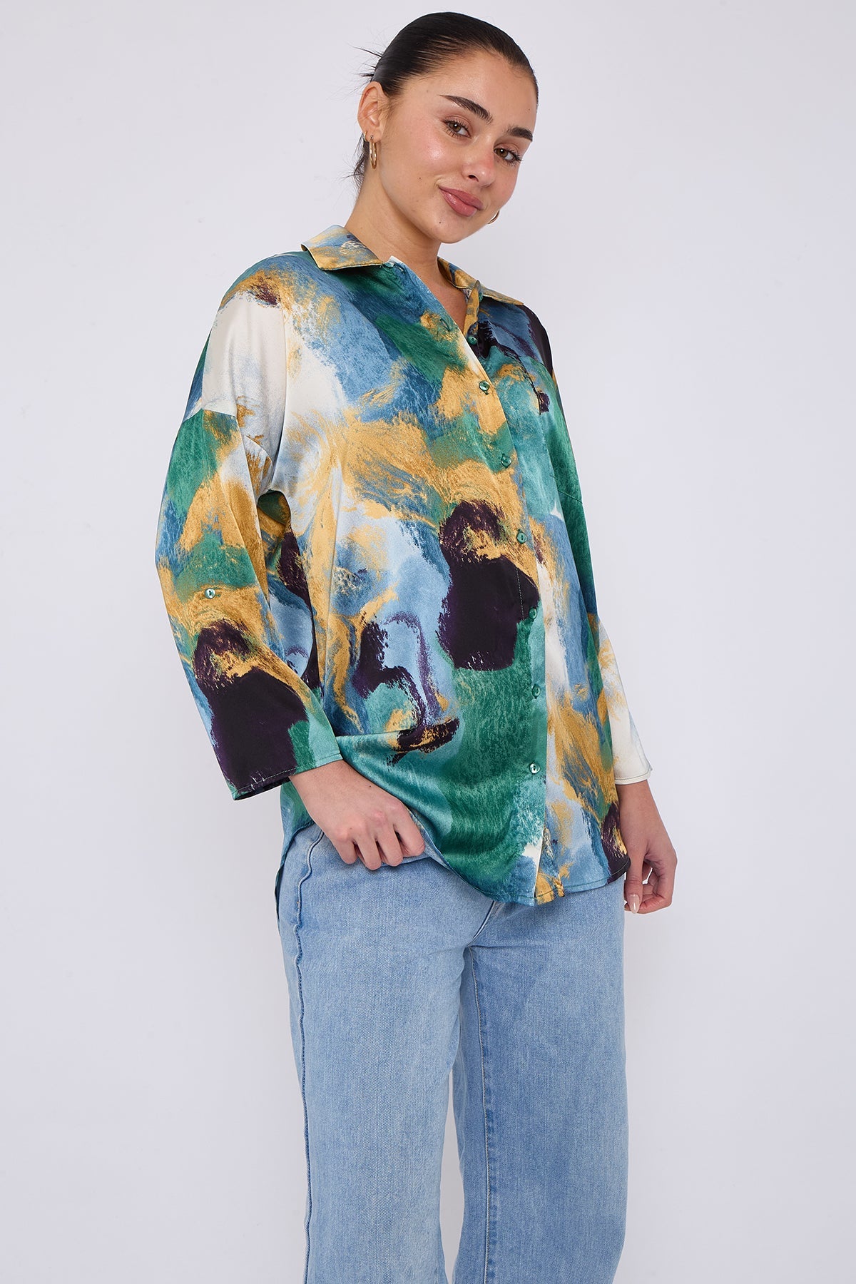 8Pcs Emerald and Mustard Watercolour Print Satin Shirt