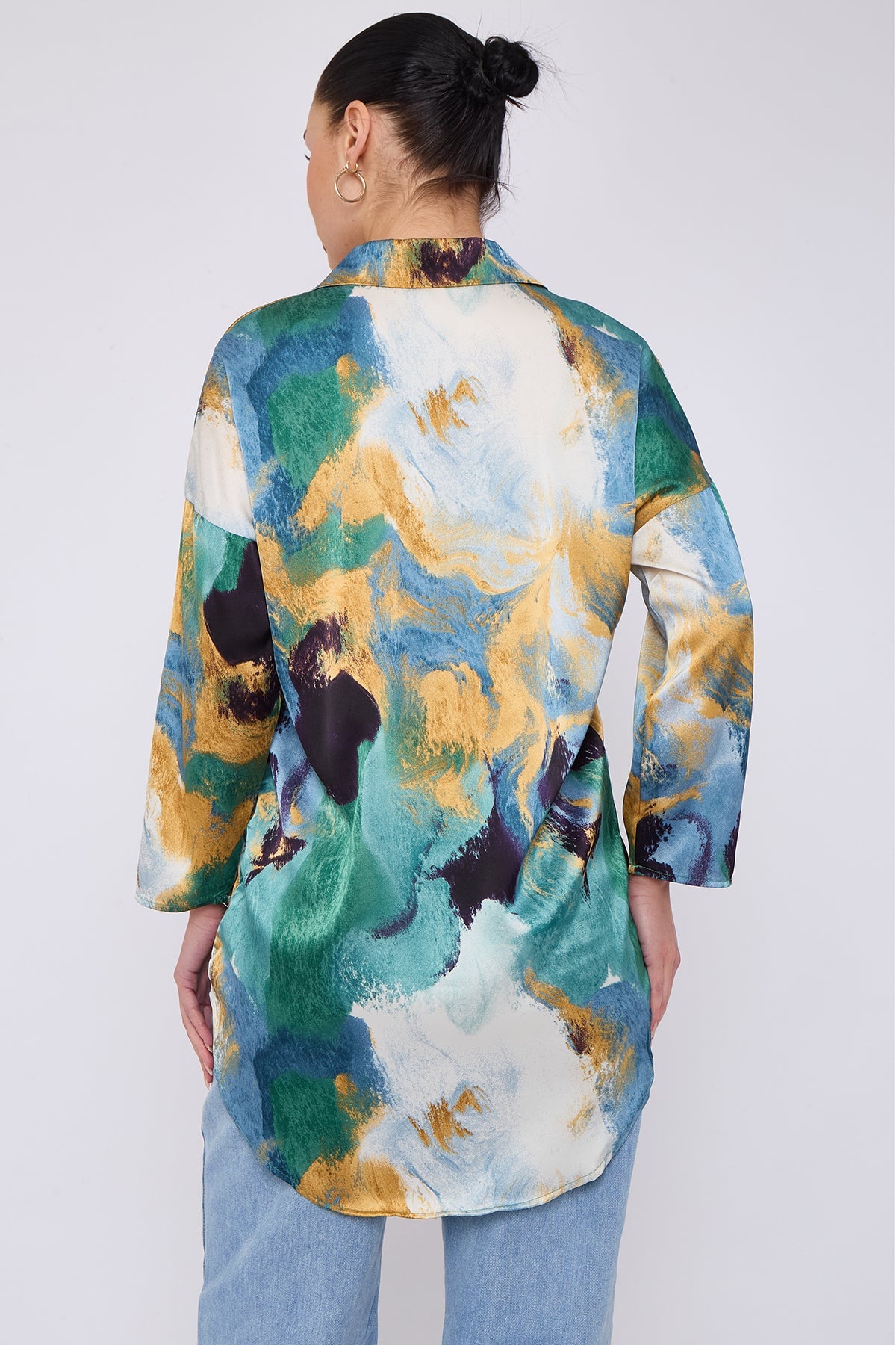 8Pcs Emerald and Mustard Watercolour Print Satin Shirt