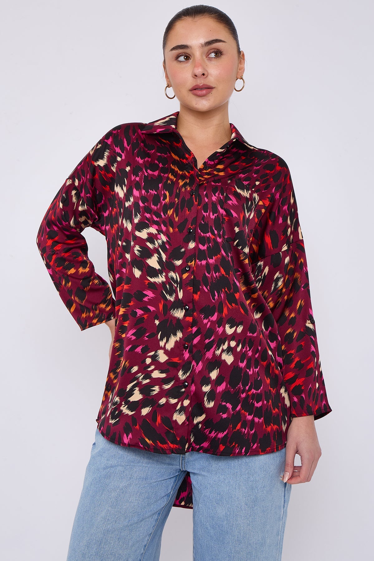 8pcs Wine Leopard Print Satin Oversized Shirt