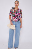 8Pcs Pink Roses Print Short Sleeve Knotted Top