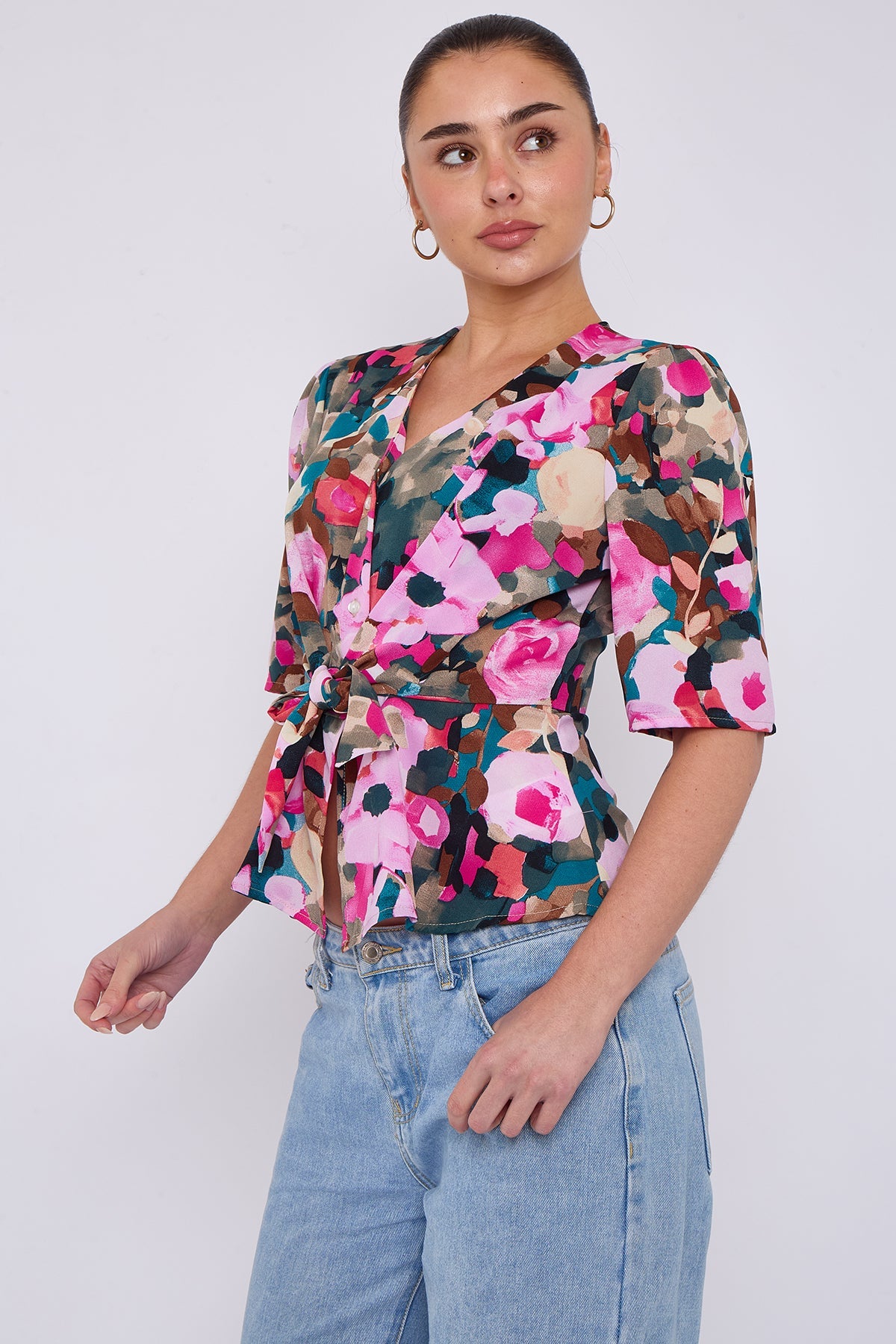 8Pcs Pink Roses Print Short Sleeve Knotted Top
