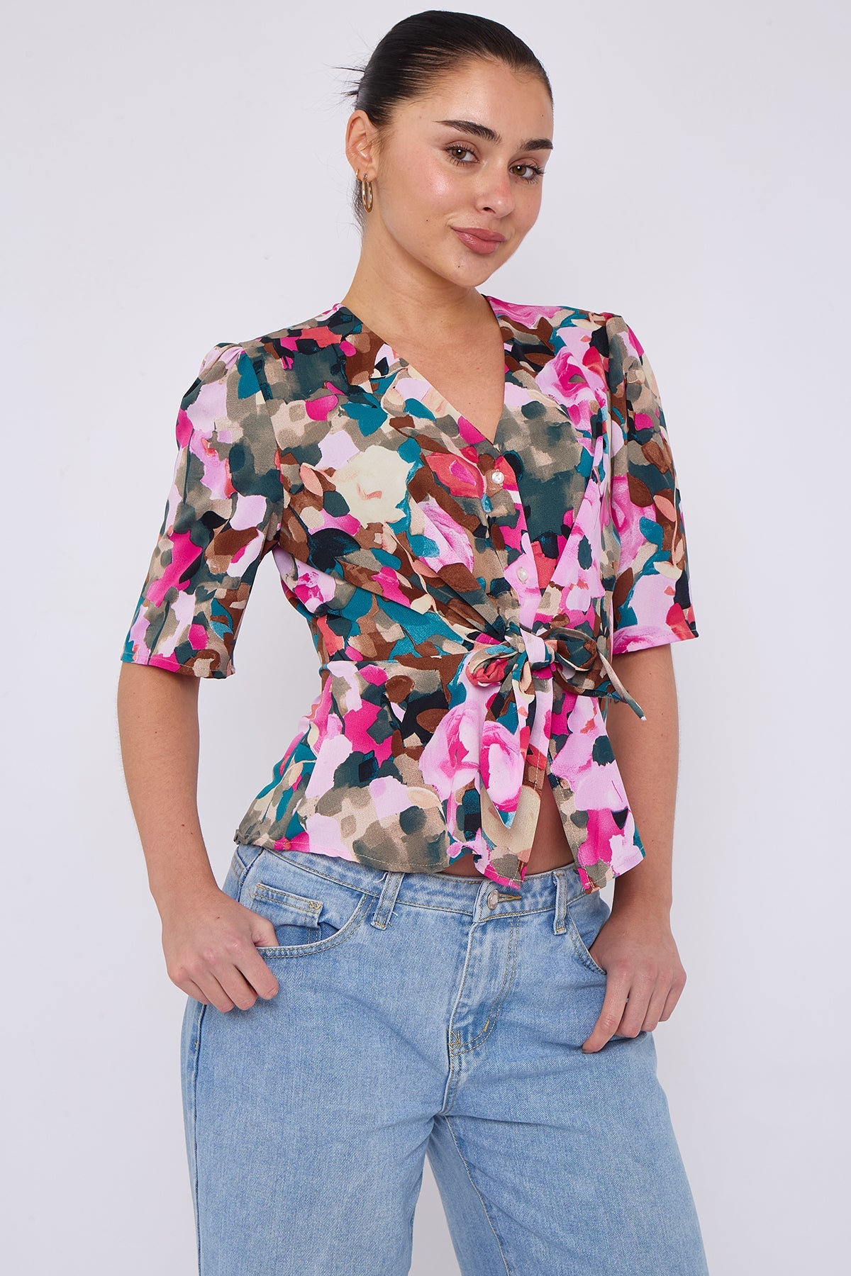 8Pcs Pink Roses Print Short Sleeve Knotted Top