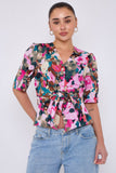 8Pcs Pink Roses Print Short Sleeve Knotted Top