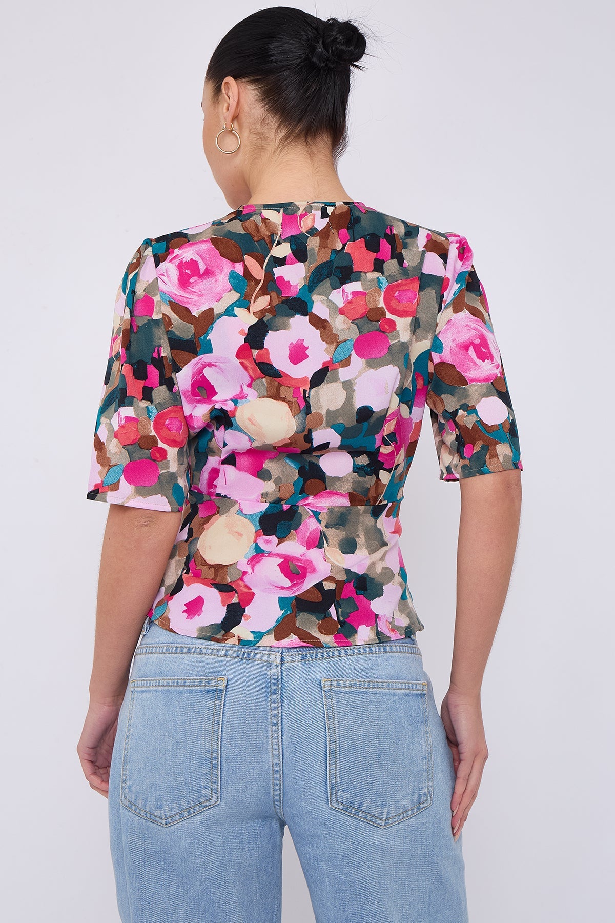 8Pcs Pink Roses Print Short Sleeve Knotted Top