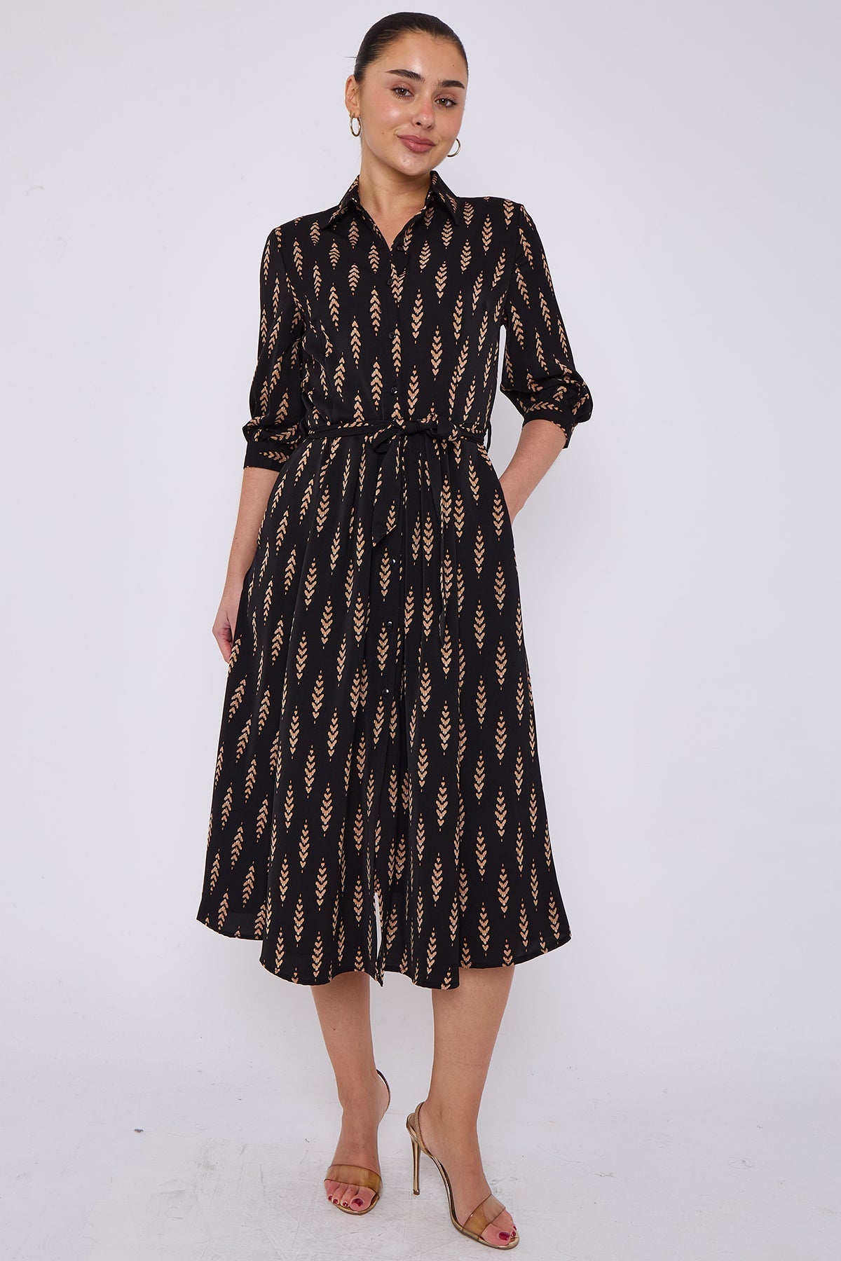 8Pcs Tan Chevron Print Half Sleeve Black Midi Shirt Dress
