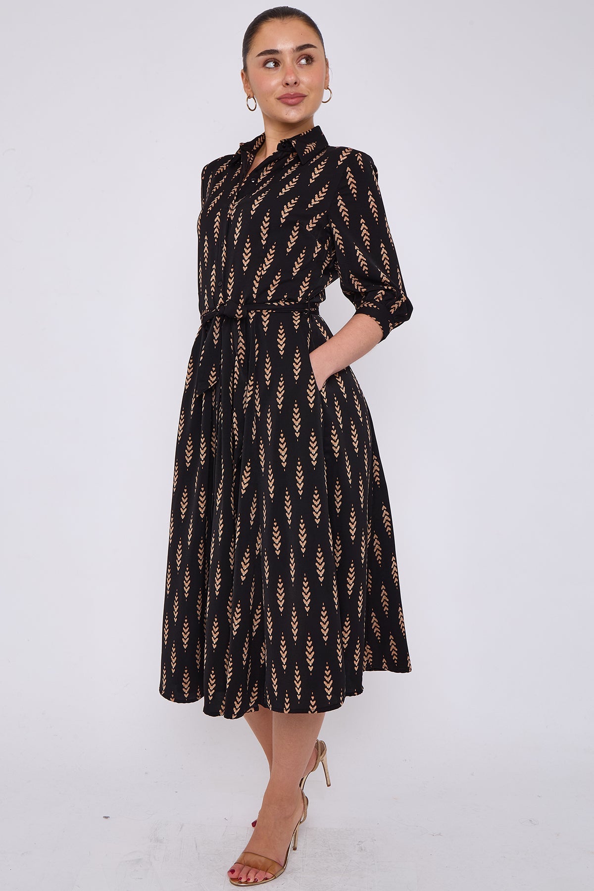 8Pcs Tan Chevron Print Half Sleeve Black Midi Shirt Dress