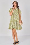 8Pcs Sage Leaf Pattern Print Tiered Mini Dress