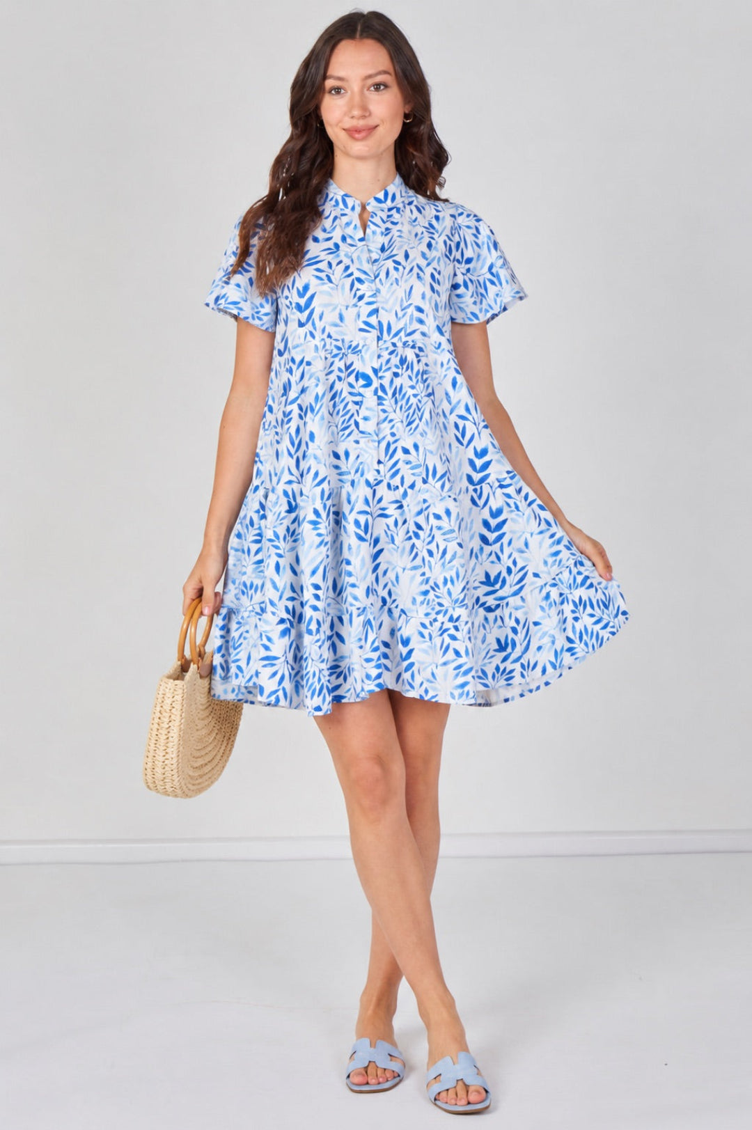 8Pcs Sky Blue Leaf Print Tiered Mini Dress