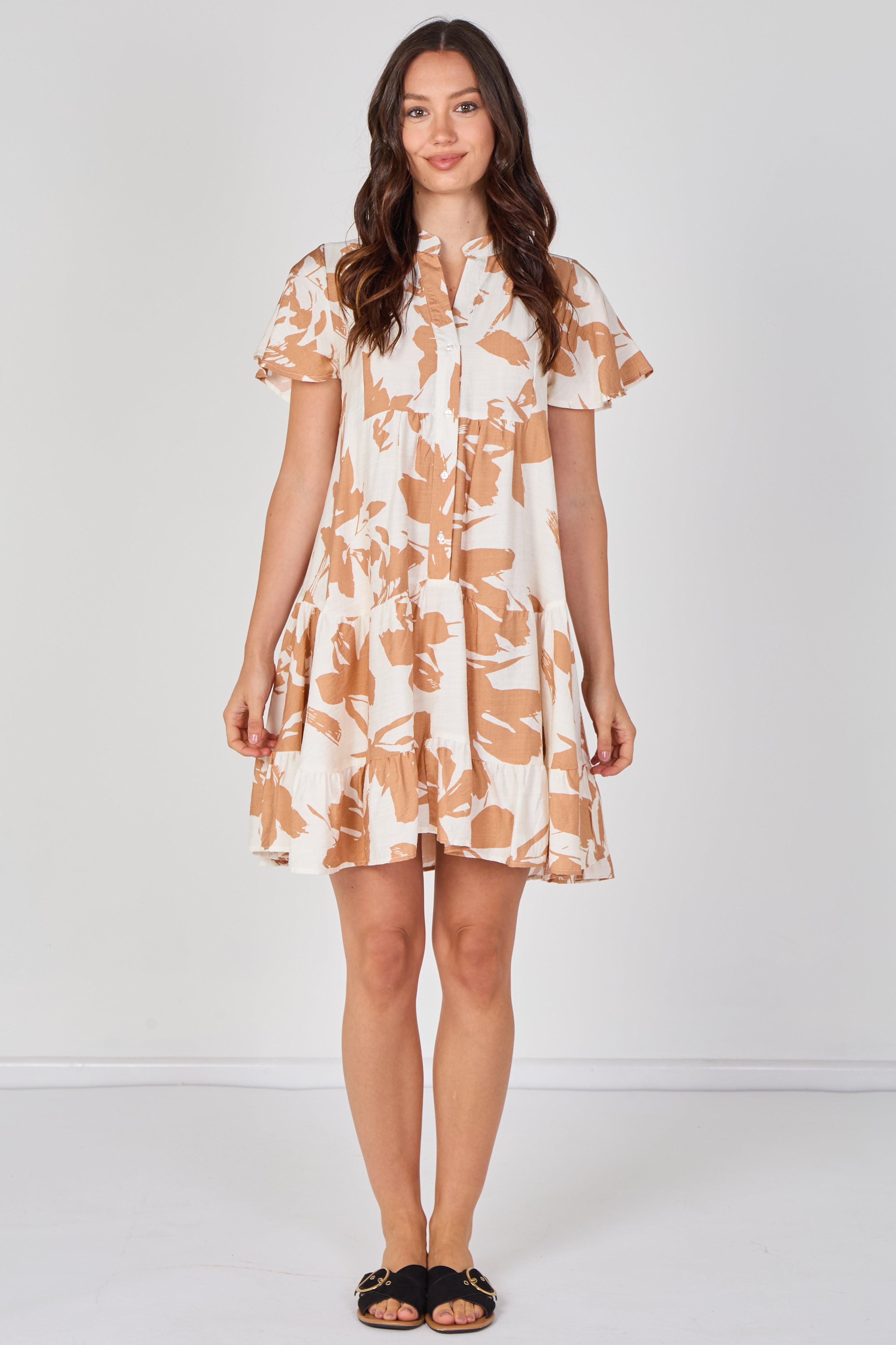 8Pcs Mocha Floral Print Short Sleeve Flared Mini Dress