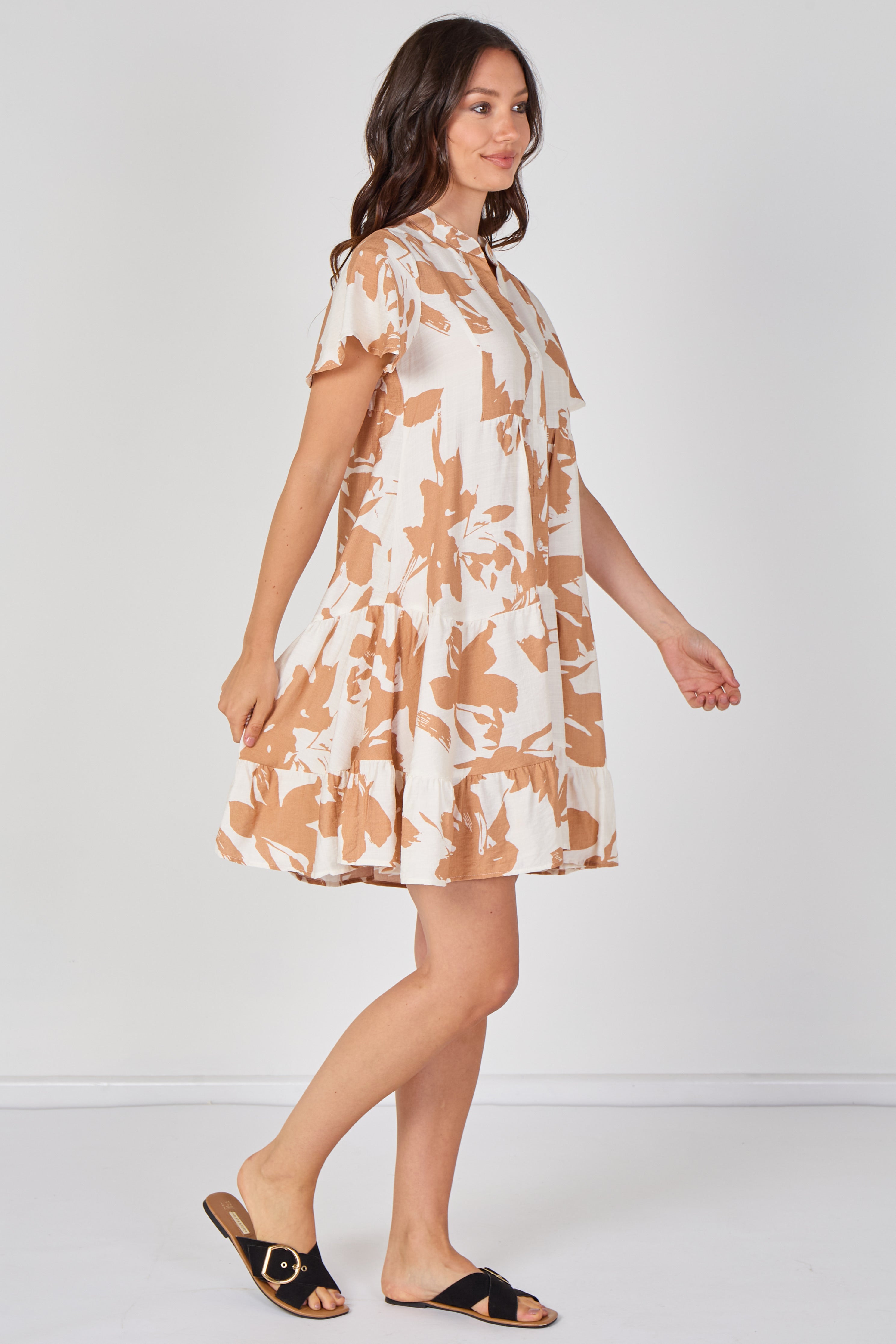 8Pcs Mocha Floral Print Short Sleeve Flared Mini Dress
