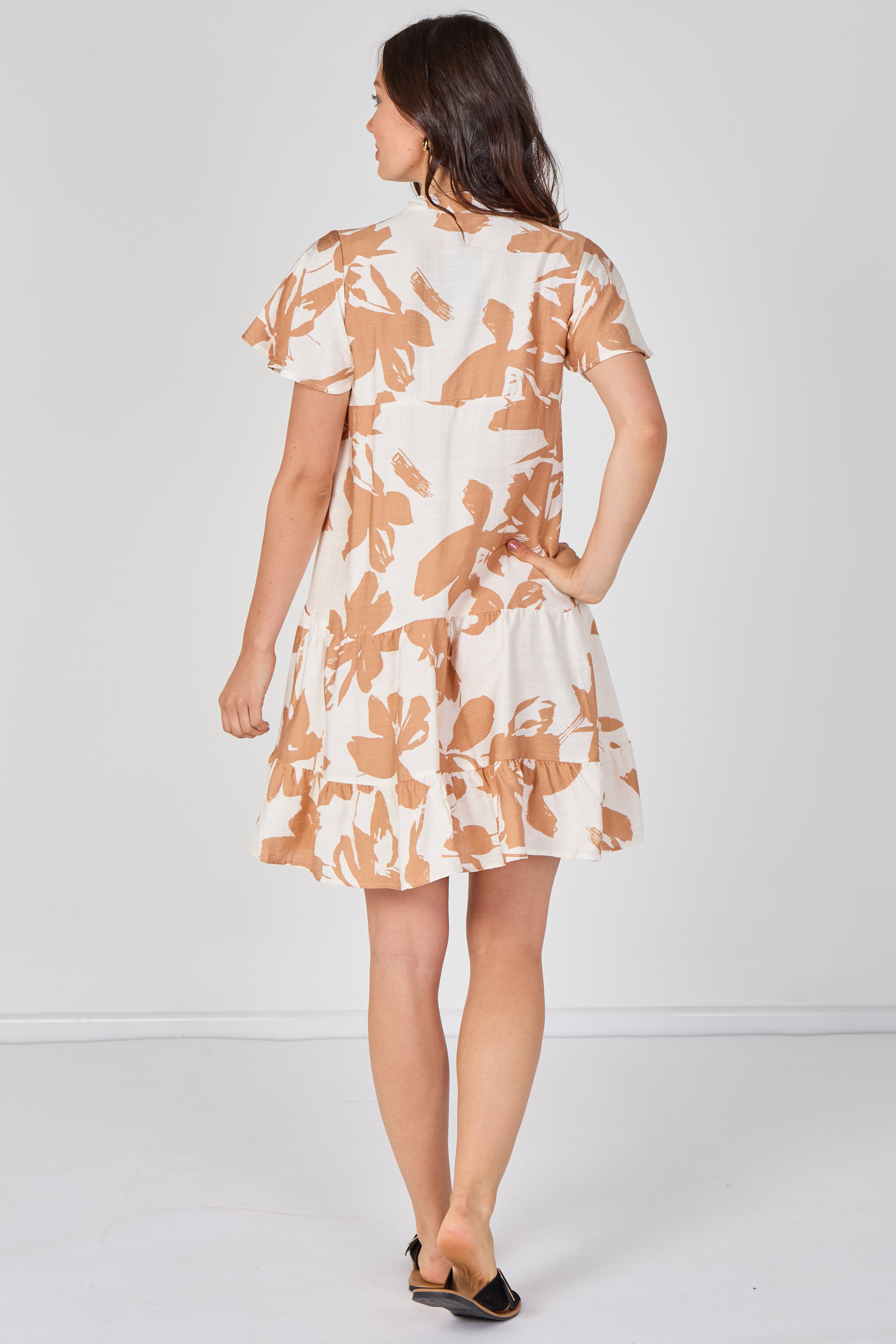 8Pcs Mocha Floral Print Short Sleeve Flared Mini Dress