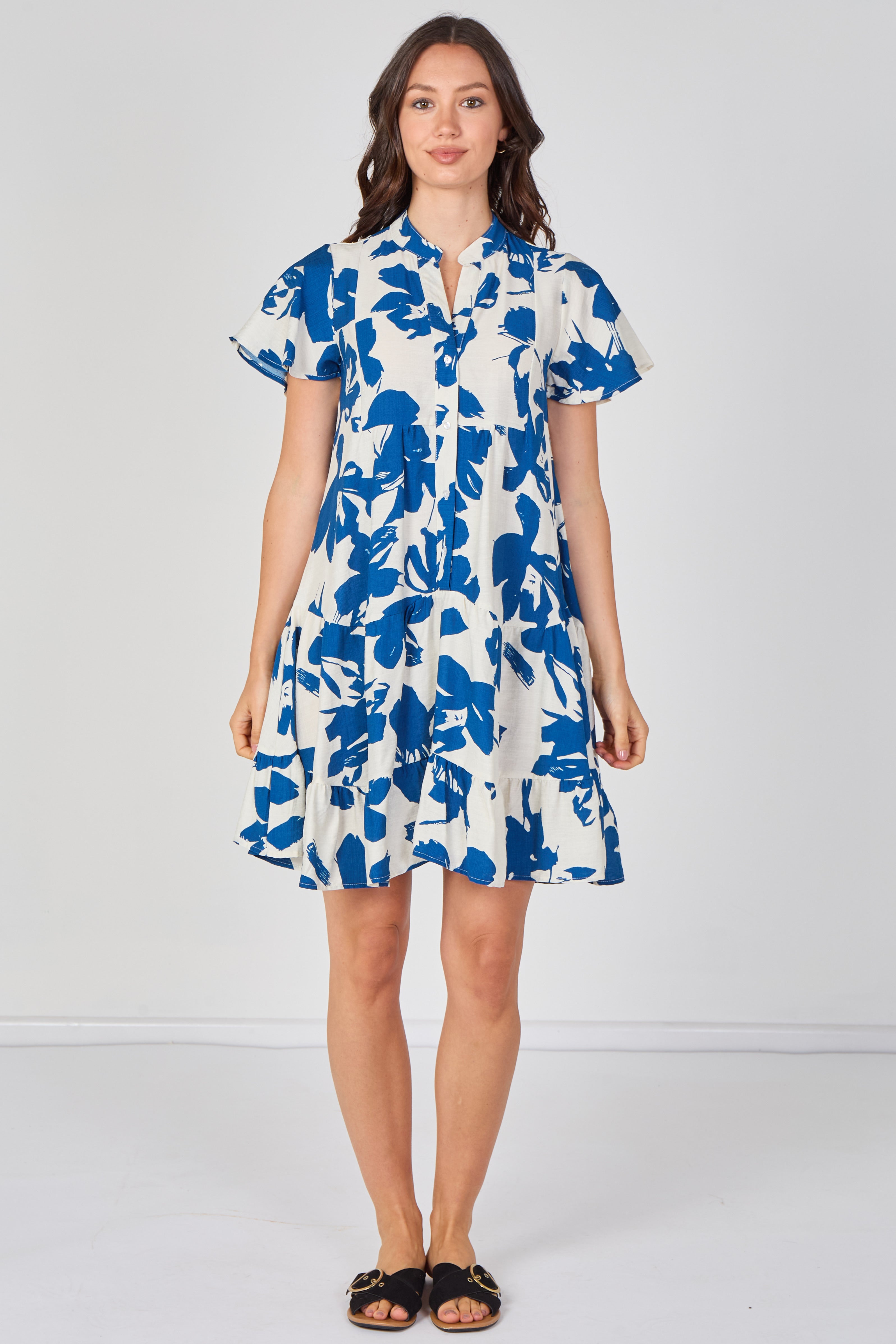 8Pcs Blue Floral Print Short Sleeve Flared Mini Dress