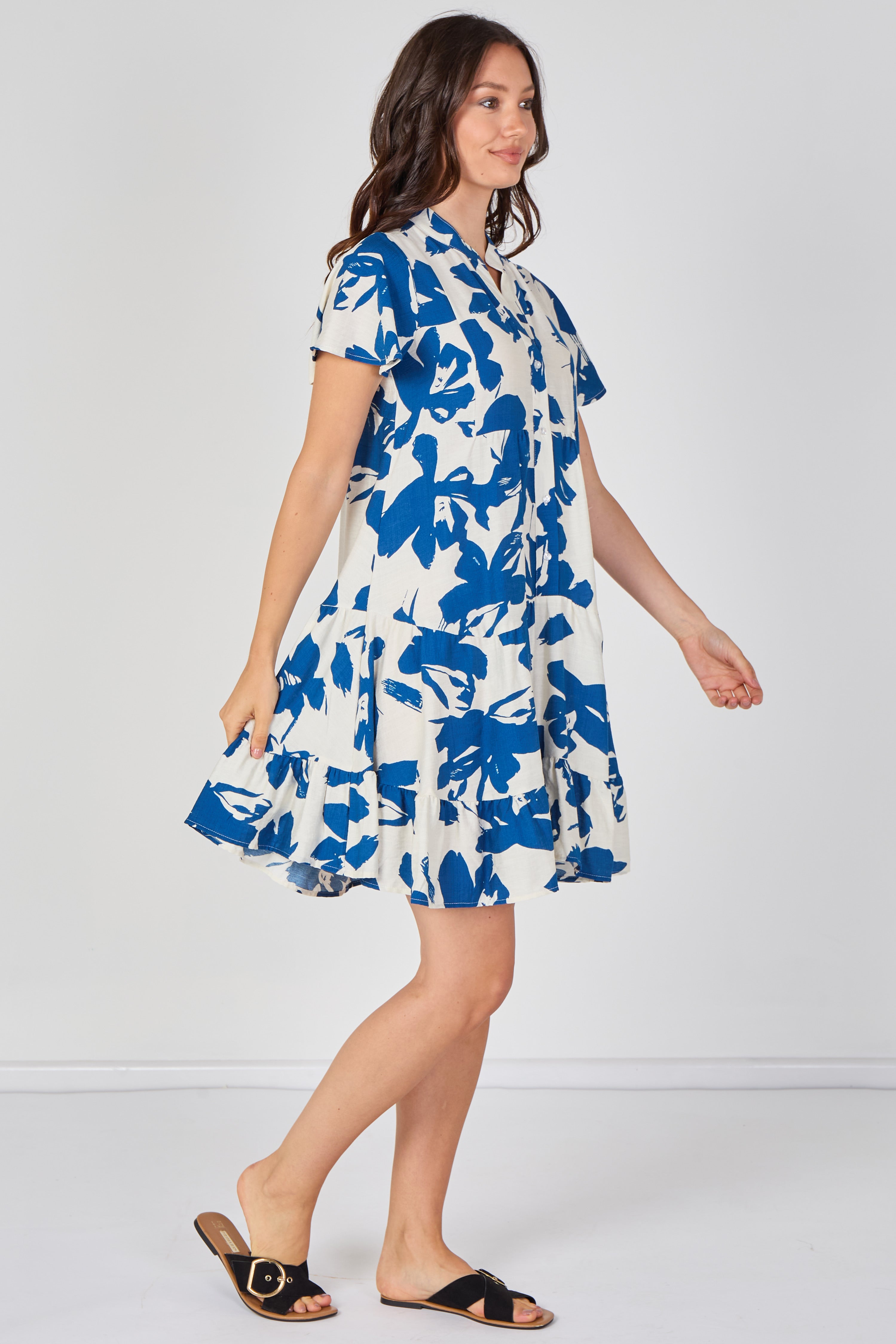 8Pcs Blue Floral Print Short Sleeve Flared Mini Dress