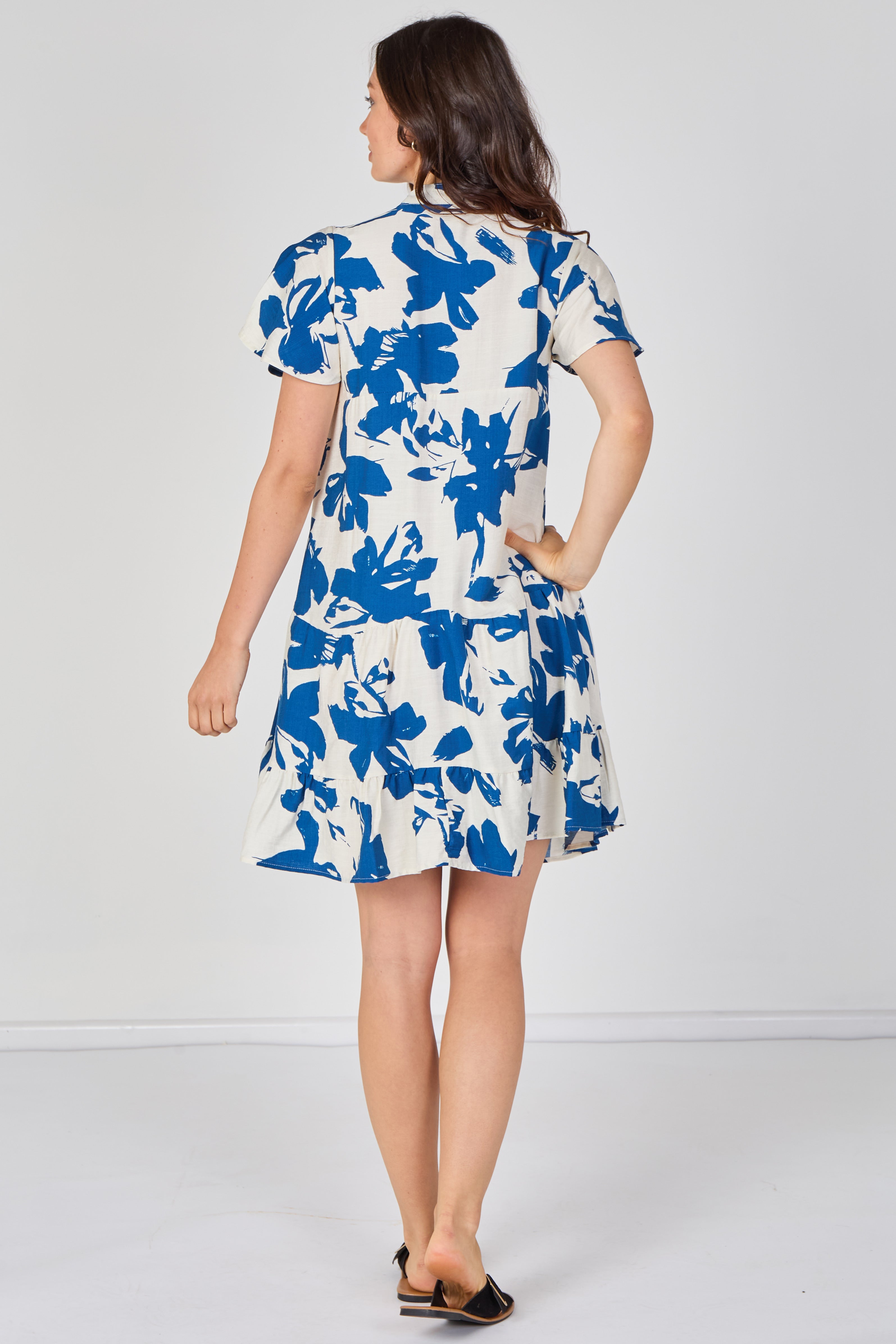 8Pcs Blue Floral Print Short Sleeve Flared Mini Dress