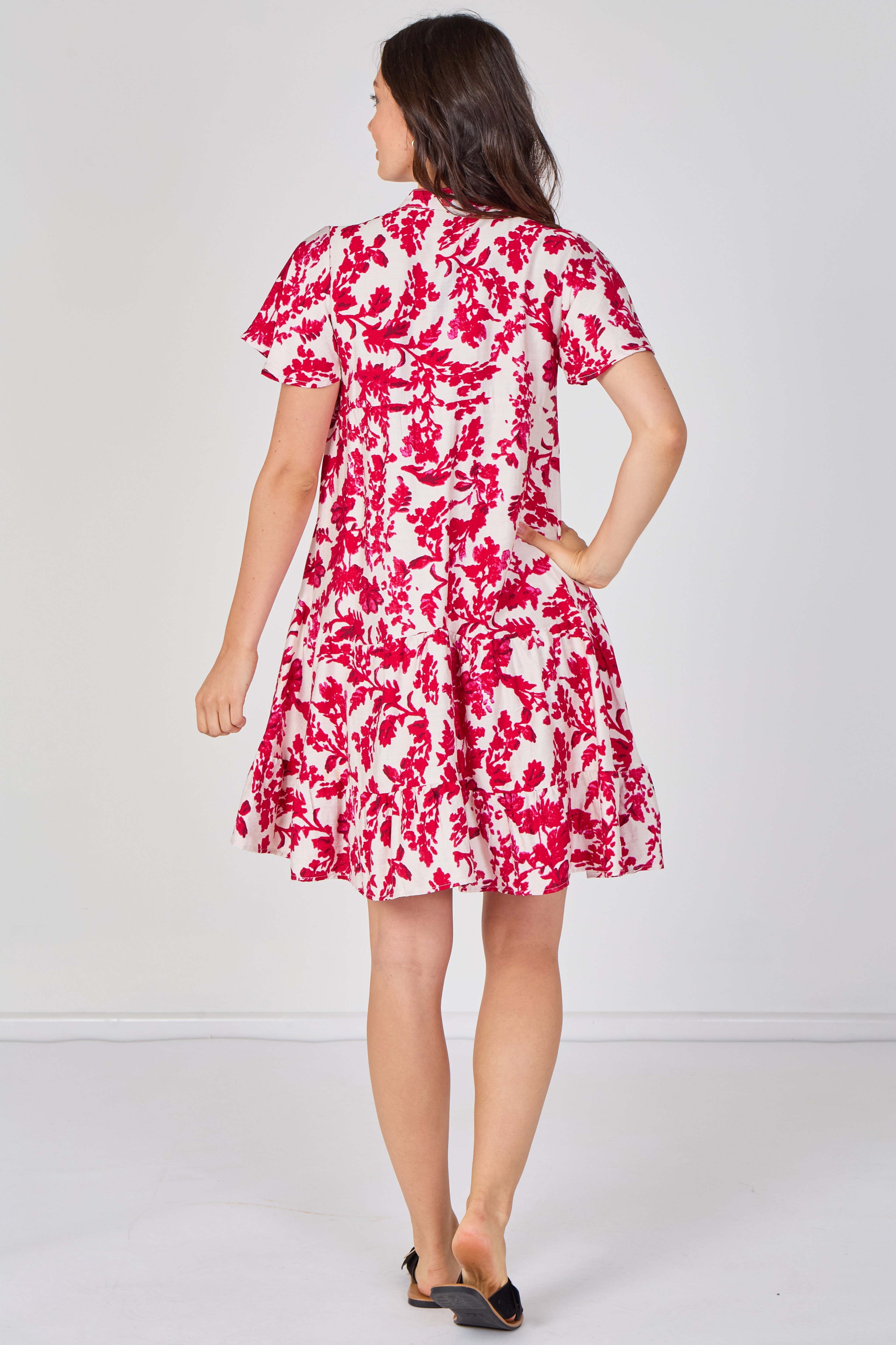 8Pcs Fuchsia Floral Print Tiered Mini Dress