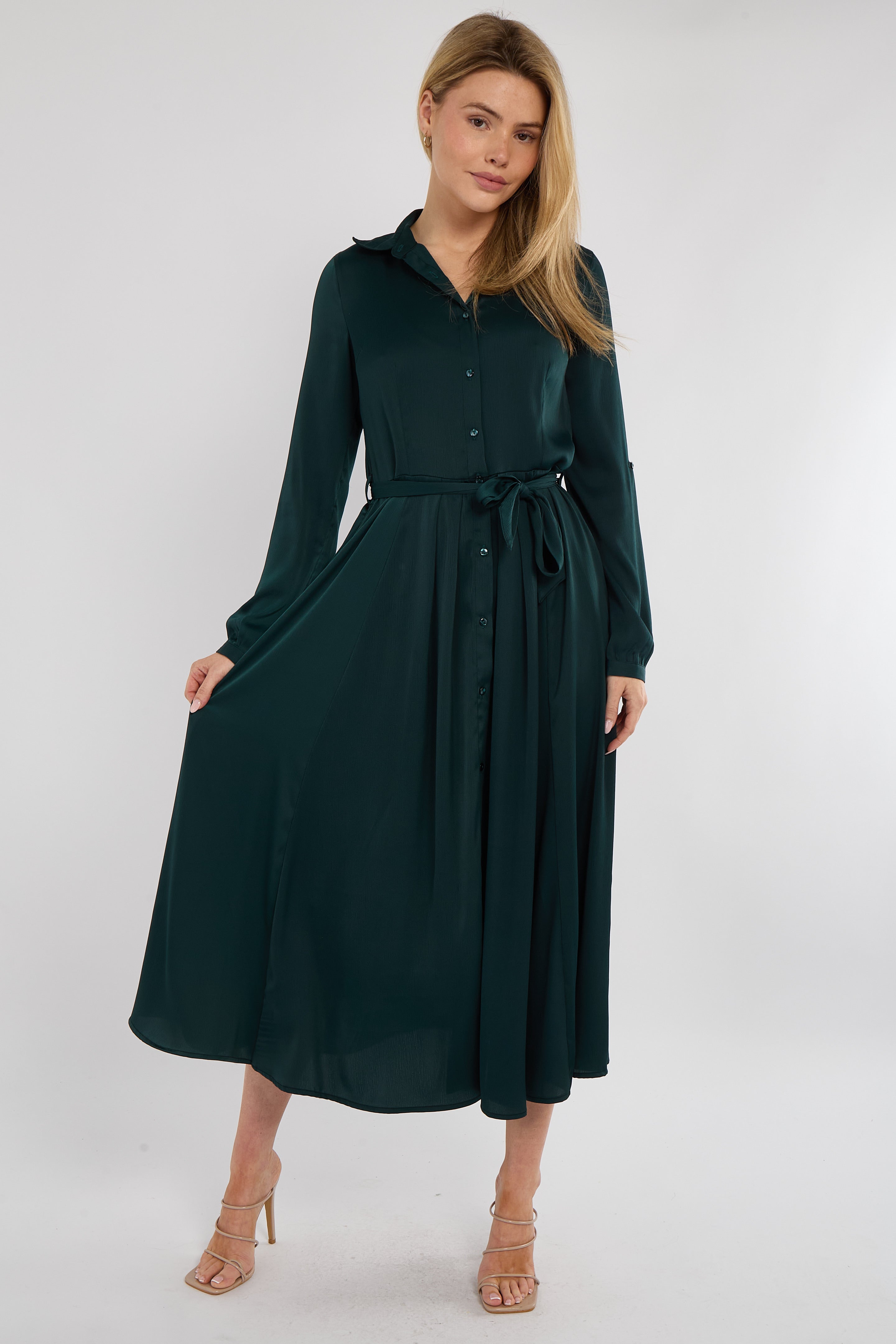 8Pcs Emerald Layer Satin Long Sleeve Maxi Shirt Dress