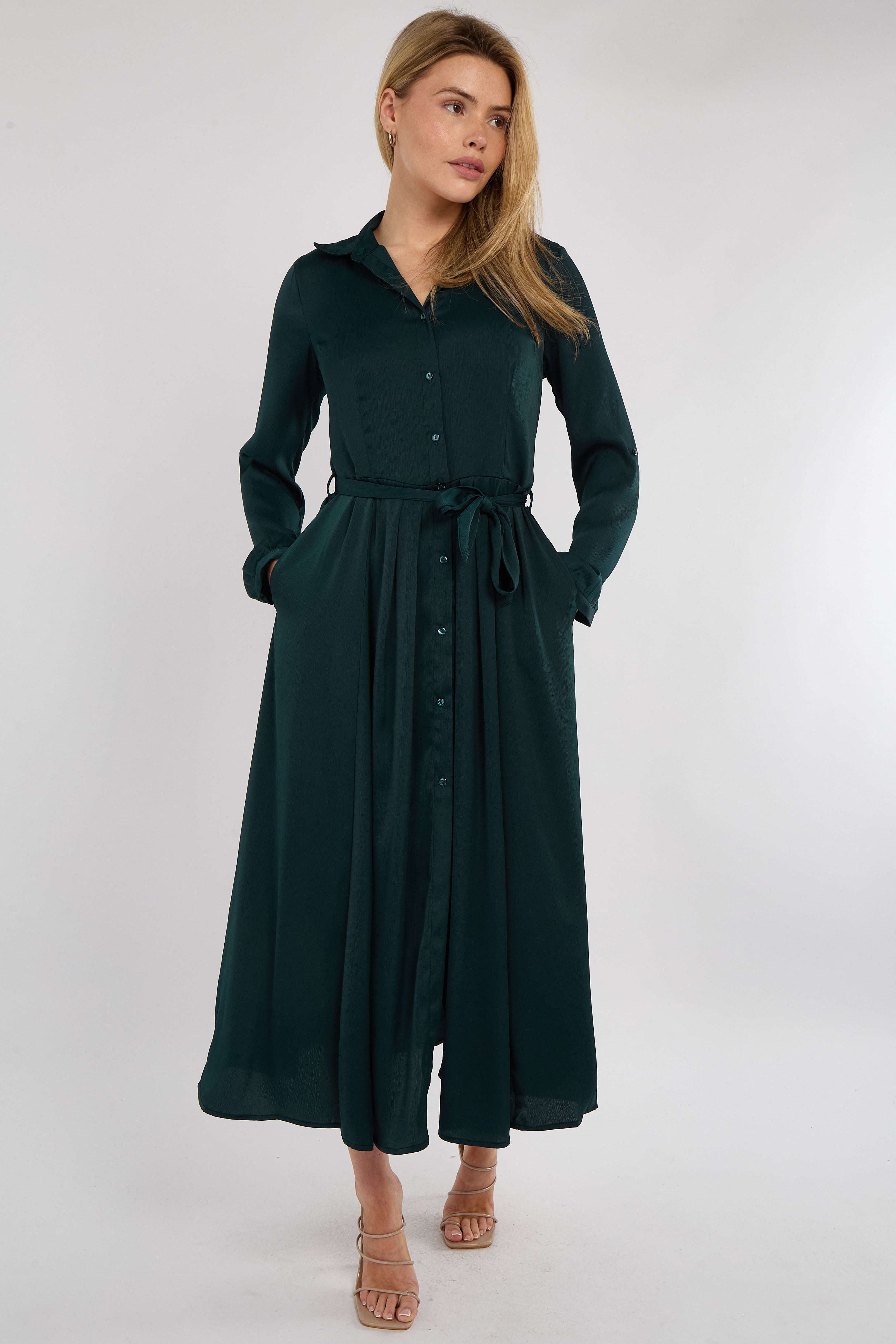 8Pcs Emerald Layer Satin Long Sleeve Maxi Shirt Dress