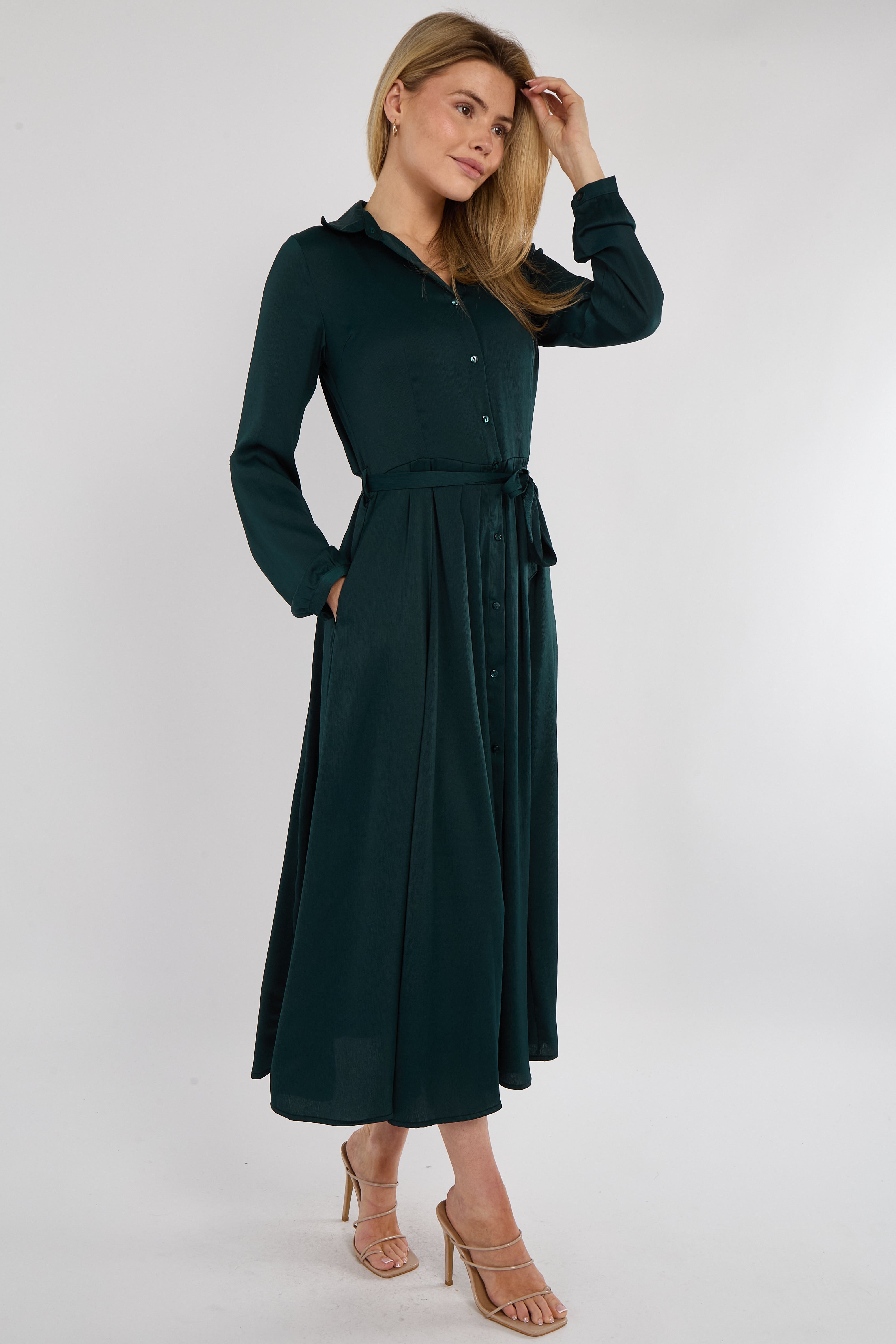 8Pcs Emerald Layer Satin Long Sleeve Maxi Shirt Dress