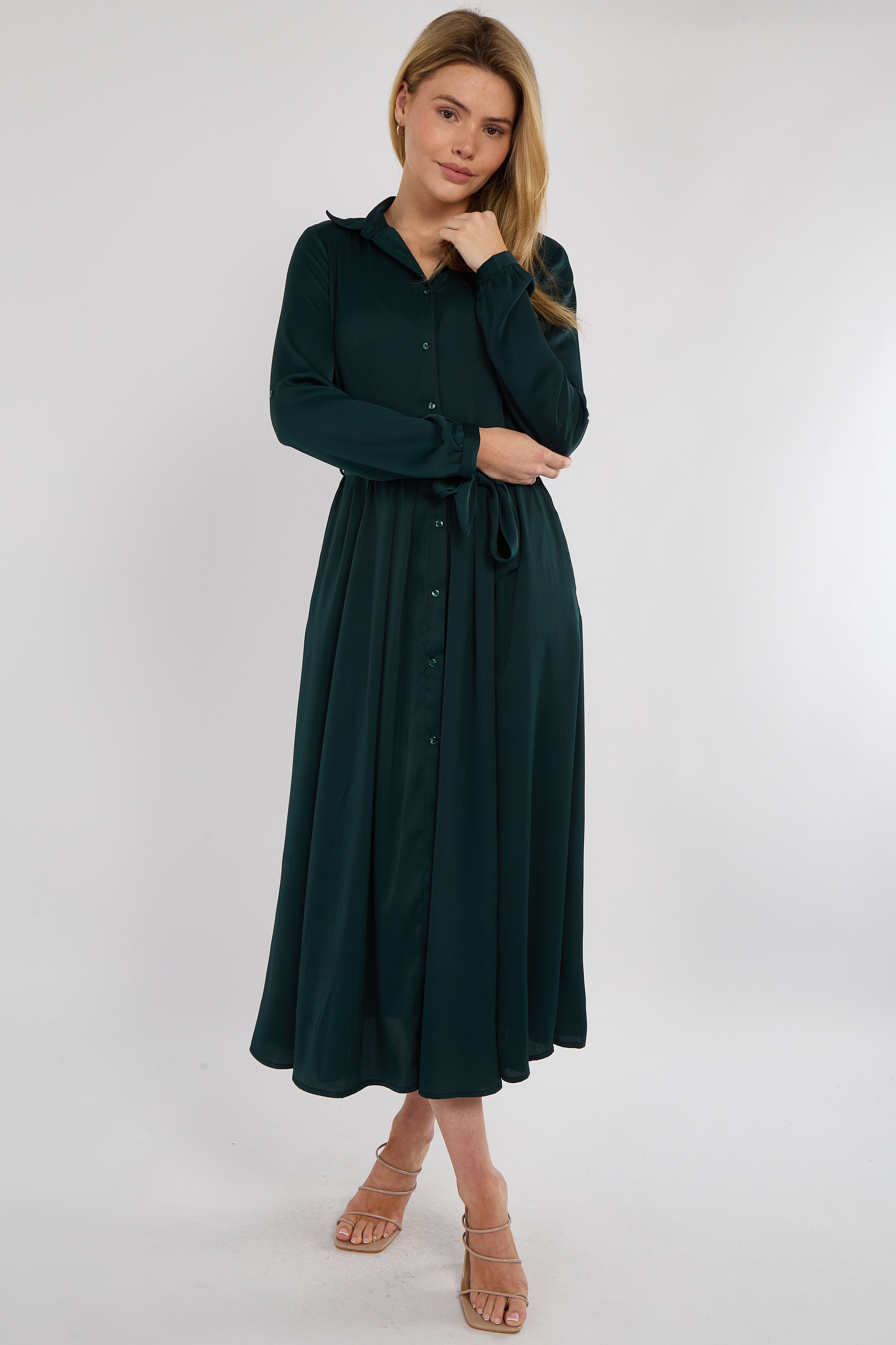 8Pcs Emerald Layer Satin Long Sleeve Maxi Shirt Dress