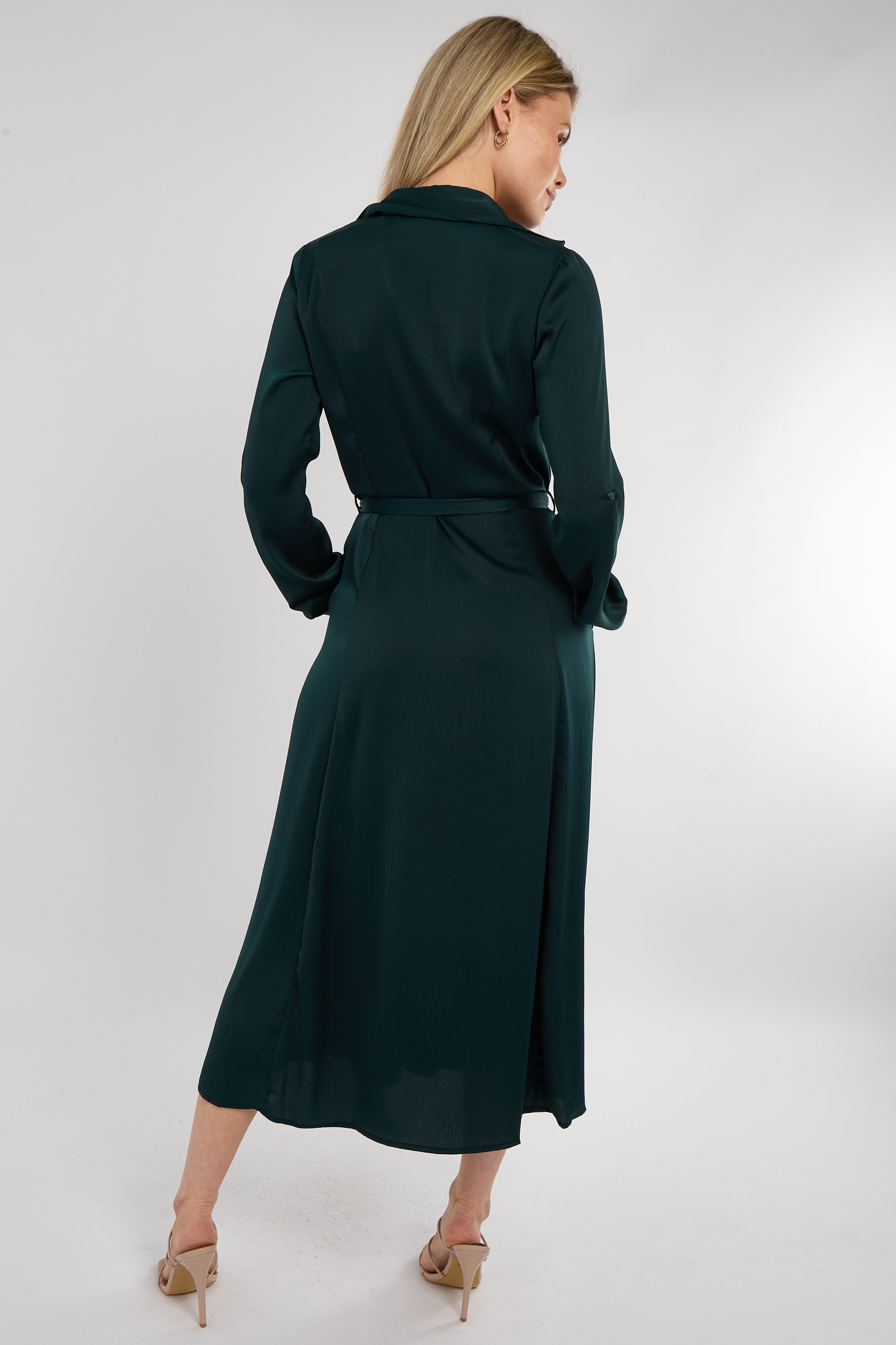 8Pcs Emerald Layer Satin Long Sleeve Maxi Shirt Dress