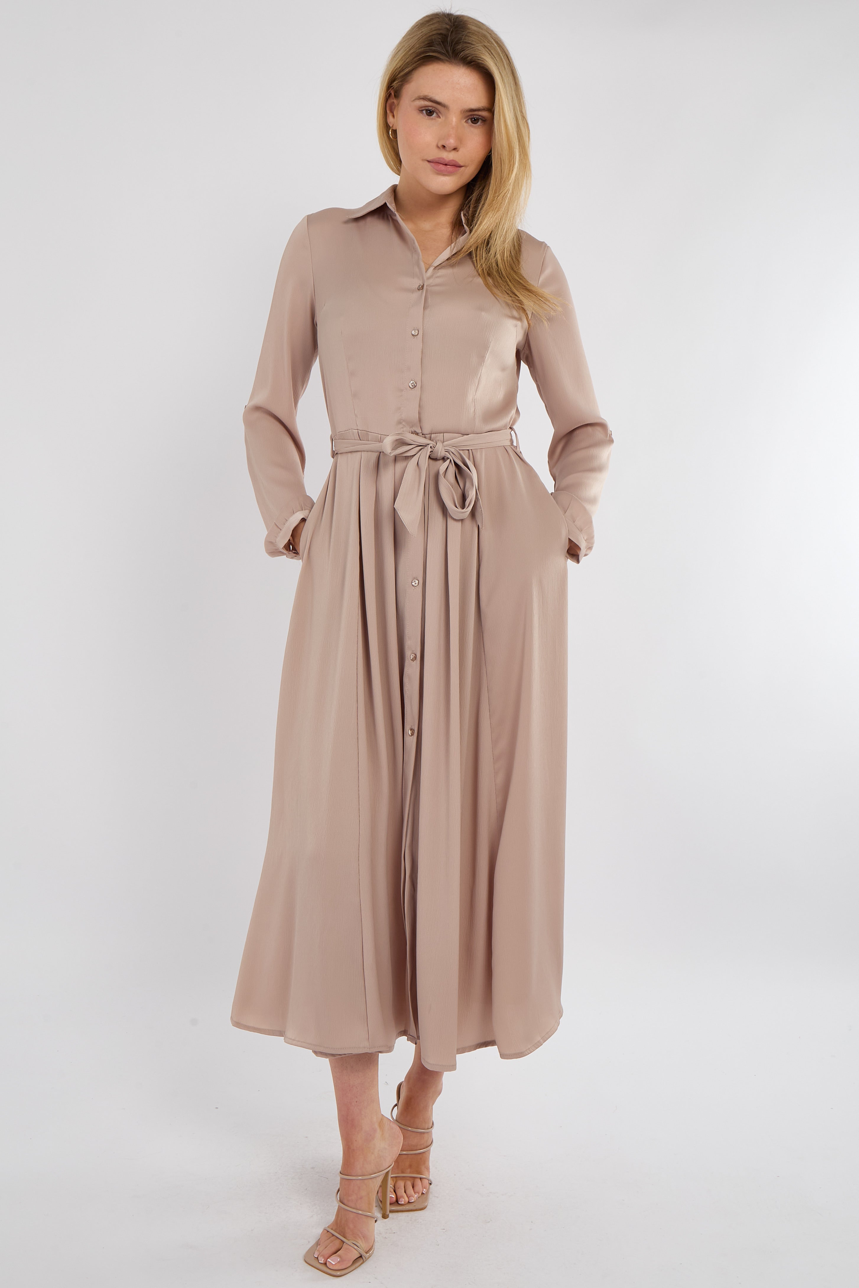 8Pcs Champagne Layered Satin Long Sleeve Maxi Shirt Dress